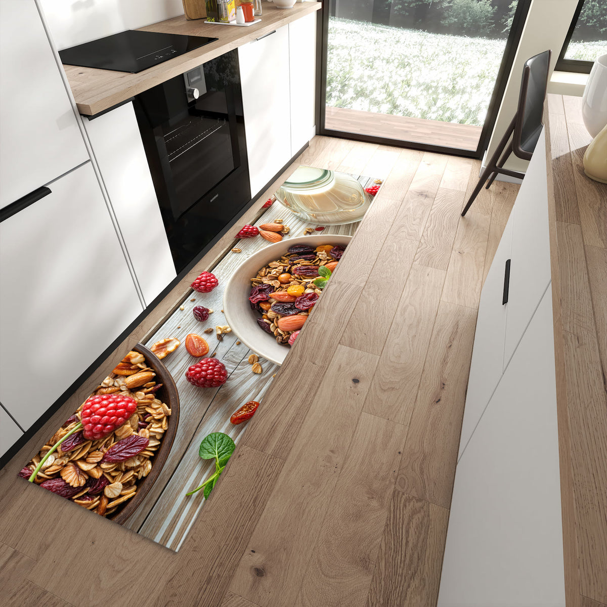 Fleckenresistenter Küchenteppich mit Motiv Frühstück Deluxe in moderner Küche