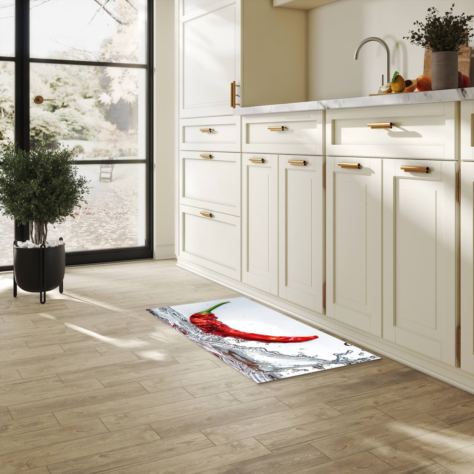 Rutschfester dünner Küchenteppich mit Motiv Chiliim Wasser in heller Küche