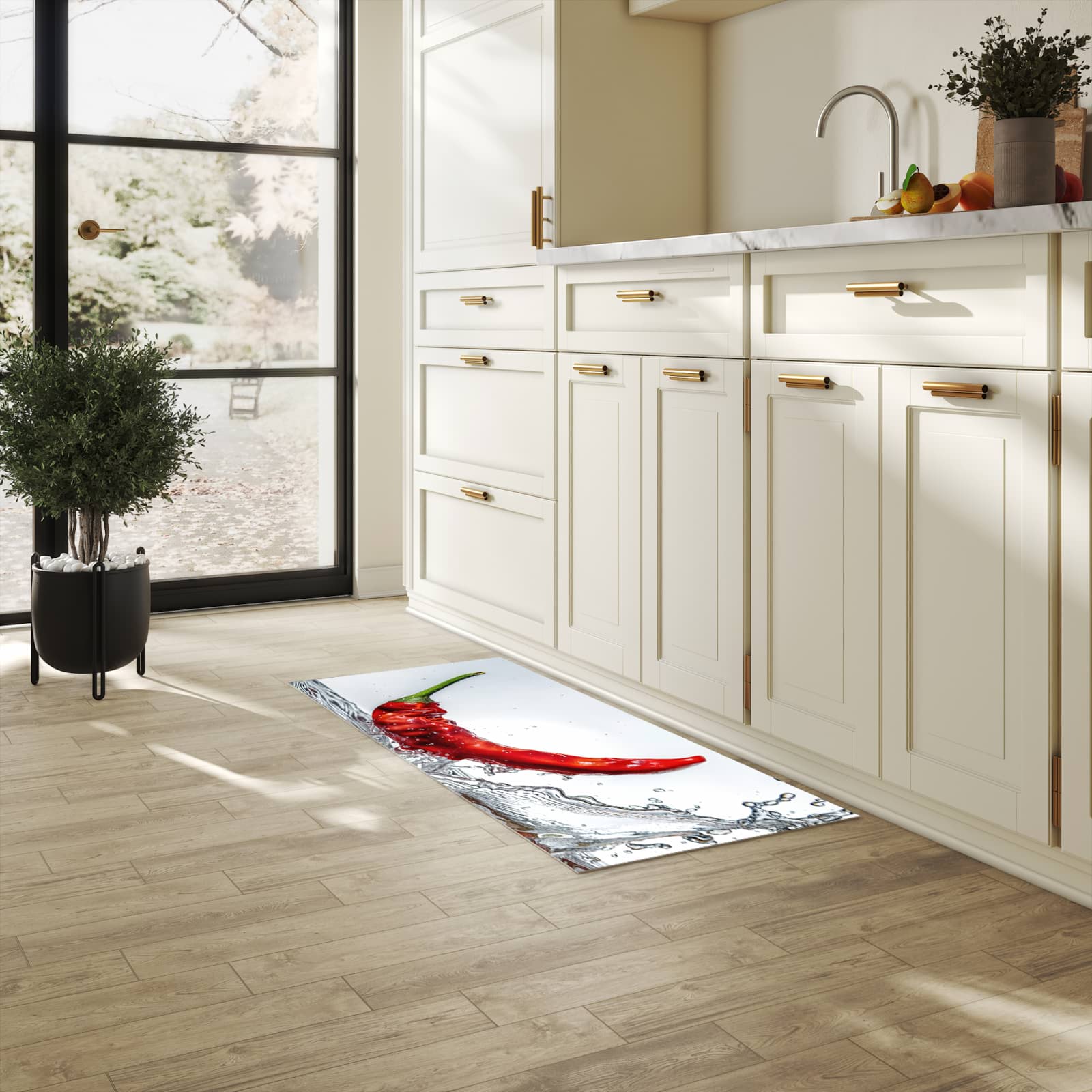 Waschbarer Teppich fürs Esszimmer mit Motiv Chiliim Wasser in heller Küche