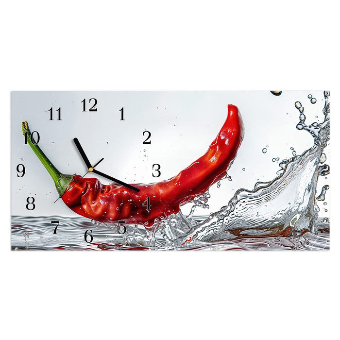 Wanduhr Chili im Wasser aus Glas – Querformat 60 × 30 cm mit Ziffernblatt Klassisch