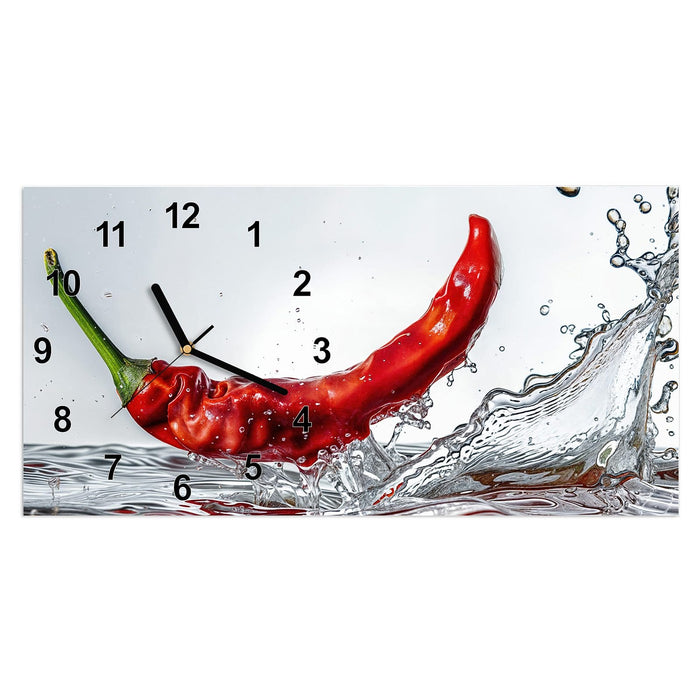 Wanduhr Chili im Wasser aus Glas – Querformat 60 × 30 cm mit Ziffernblatt Modern