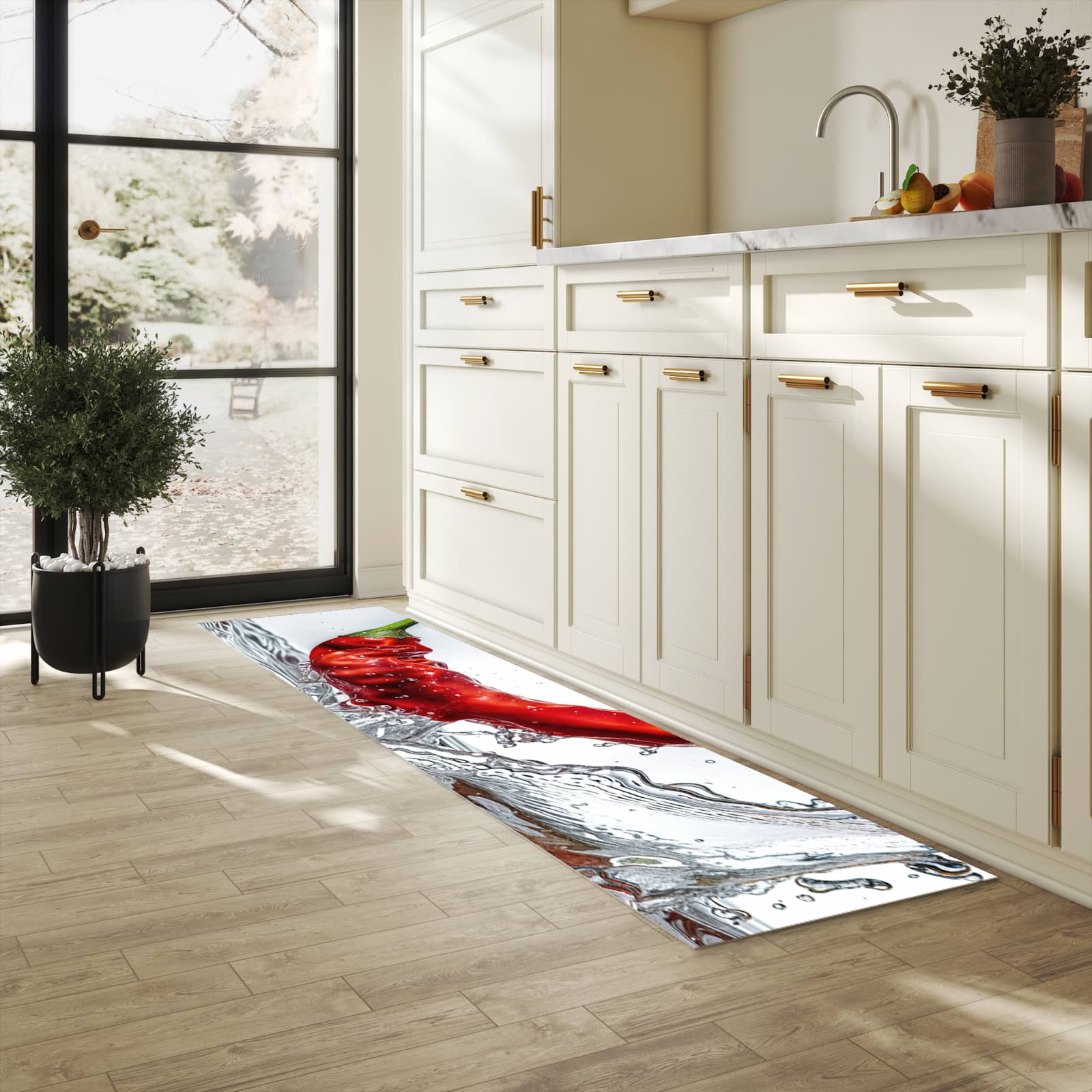 Strapazierfähiger Bodenläufer mit Motiv Chiliim Wasser in heller Küche