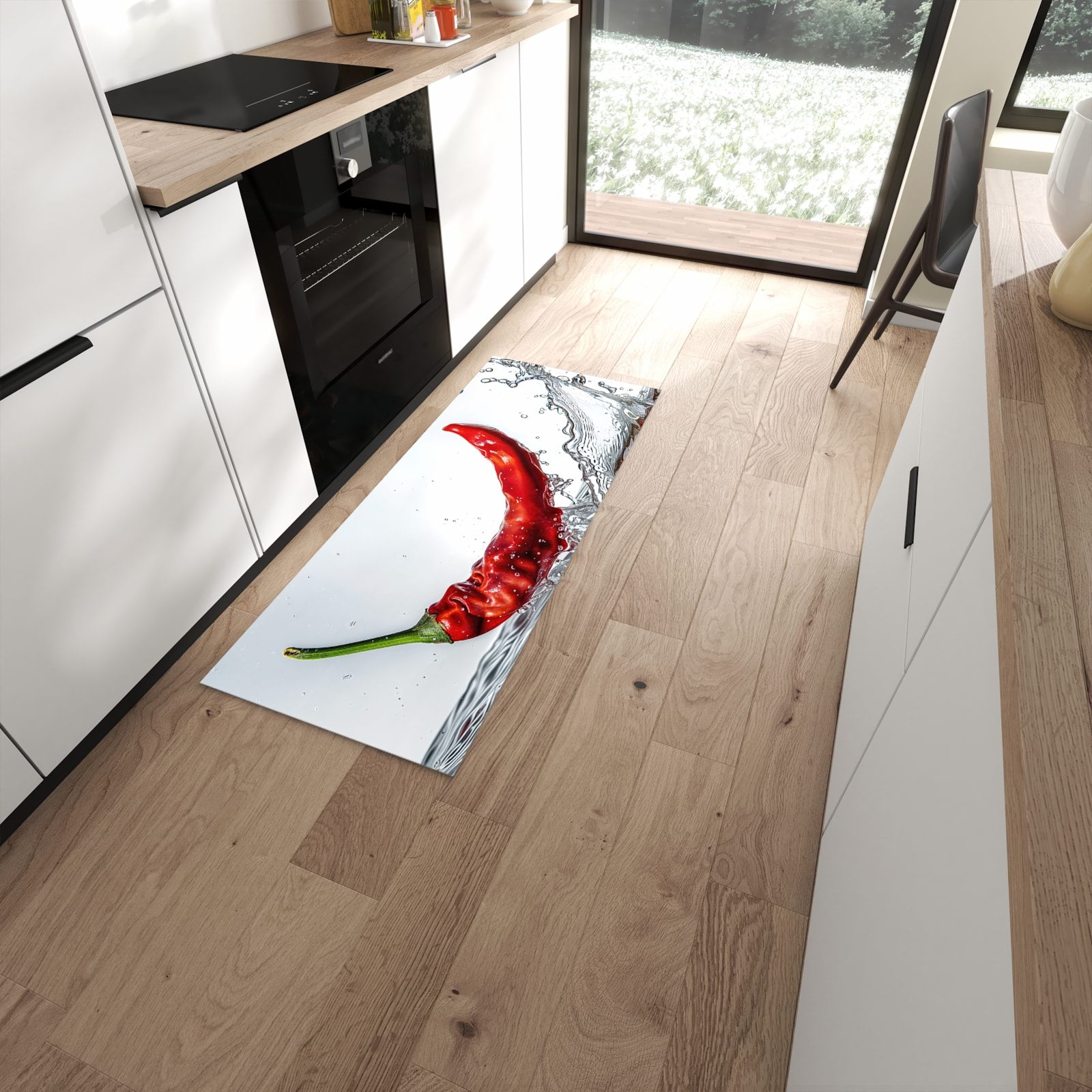 Langlebiger Küchenläufer mit Motiv Chiliim Wasser in moderner Küche #grösse_60 x 150 cm