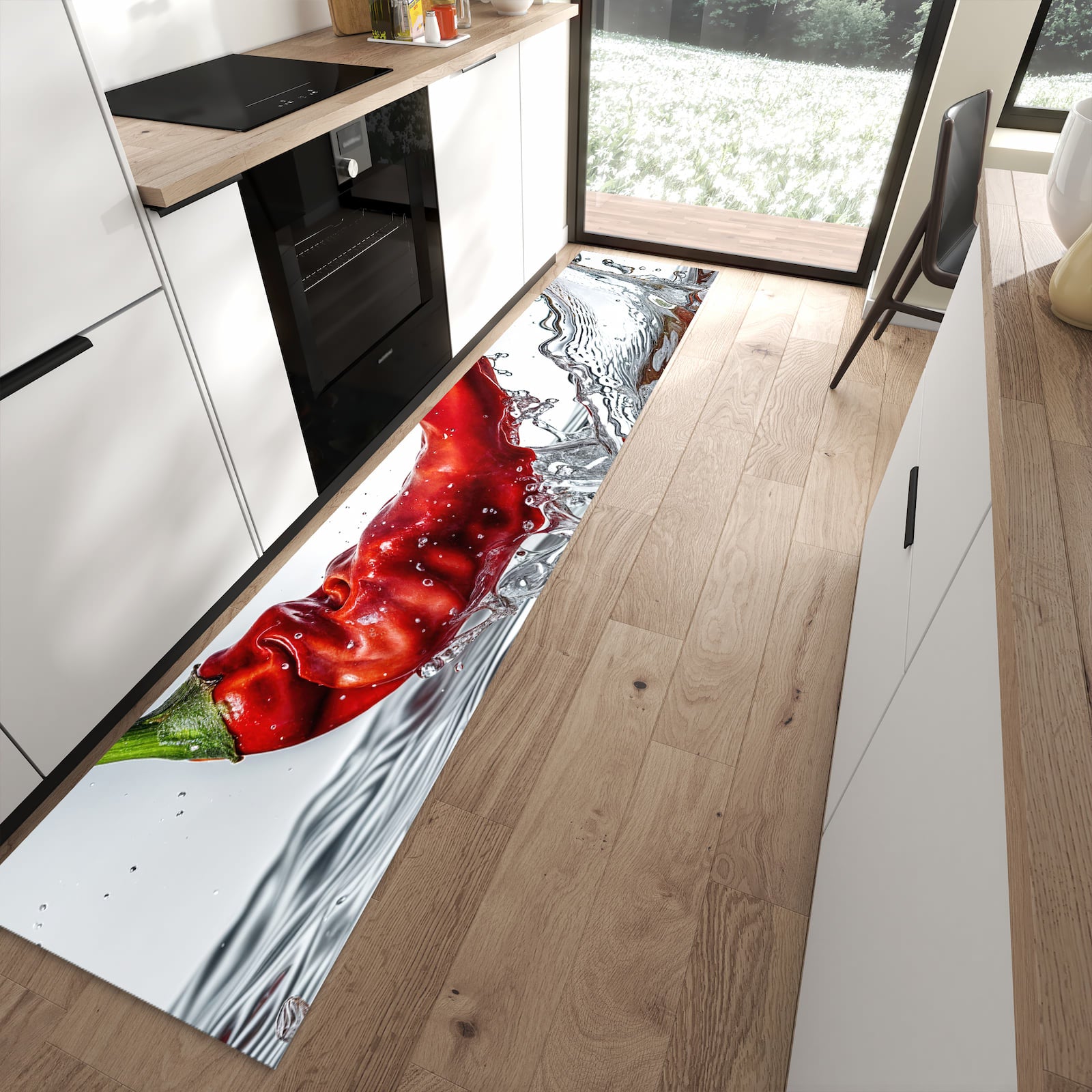 Waschbarer Küchenläufer mit Motiv Chiliim Wasser für Ordnung in moderner Küche