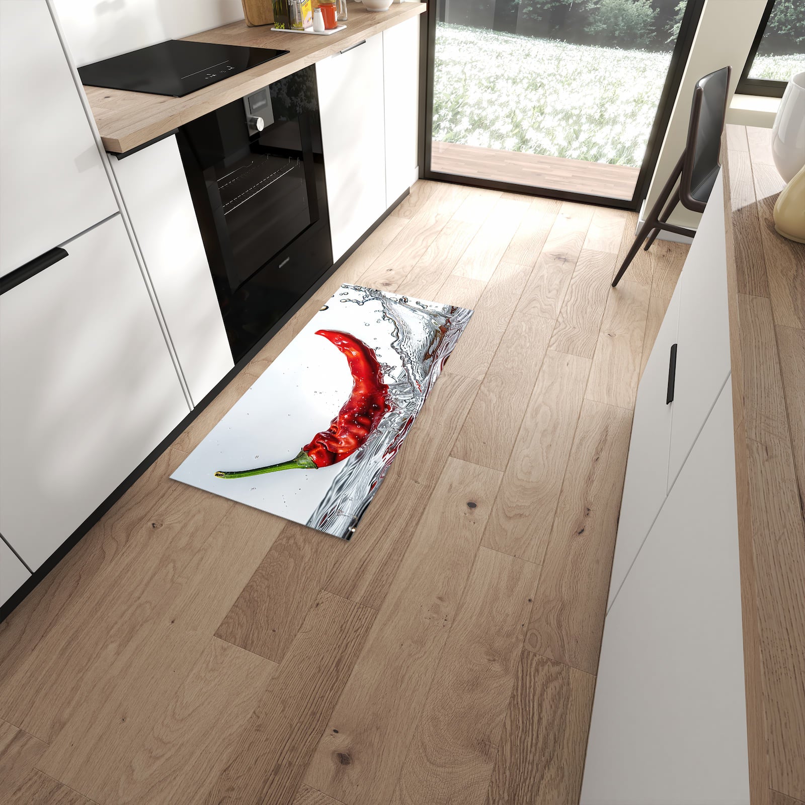 Waschbarer Küchenläufer mit Motiv Chiliim Wasser in moderner Küche #grösse_60 x 120 cm