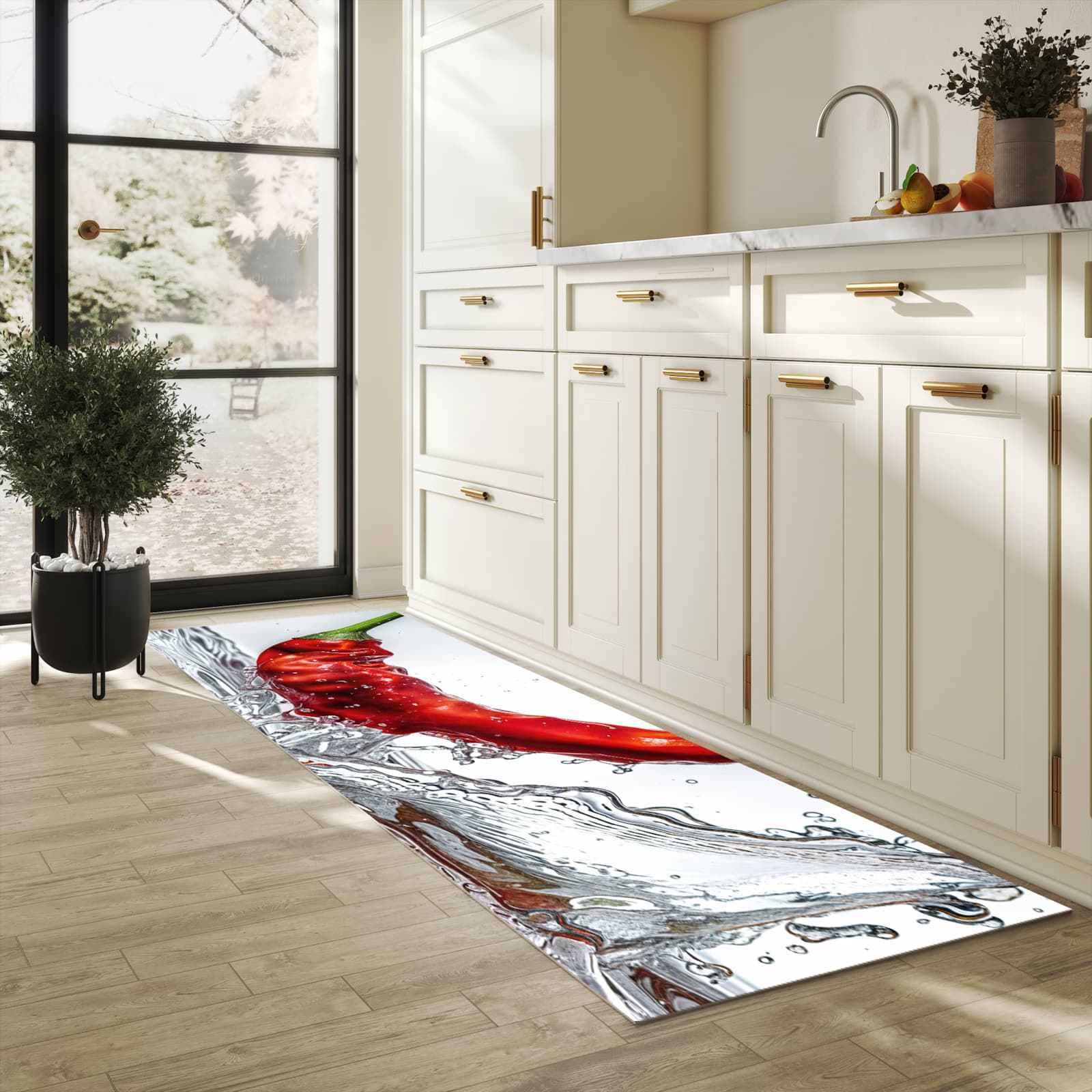 Rutschfester Küchenteppich mit Motiv Chiliim Wasser in heller Küche schützt den Boden