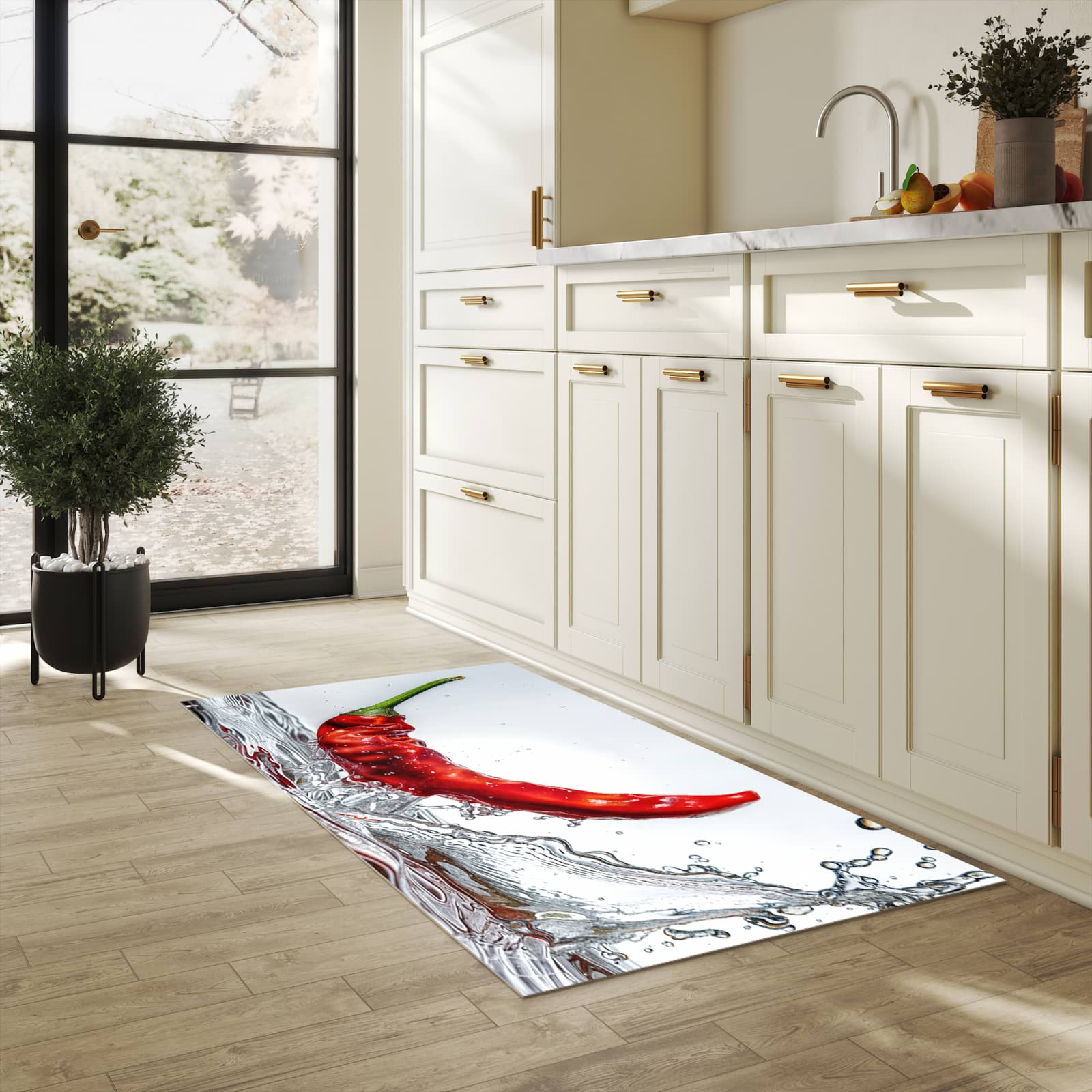 Bodenschonender waschbarer Küchenteppich mit Motiv Chiliim Wasser in heller Küche