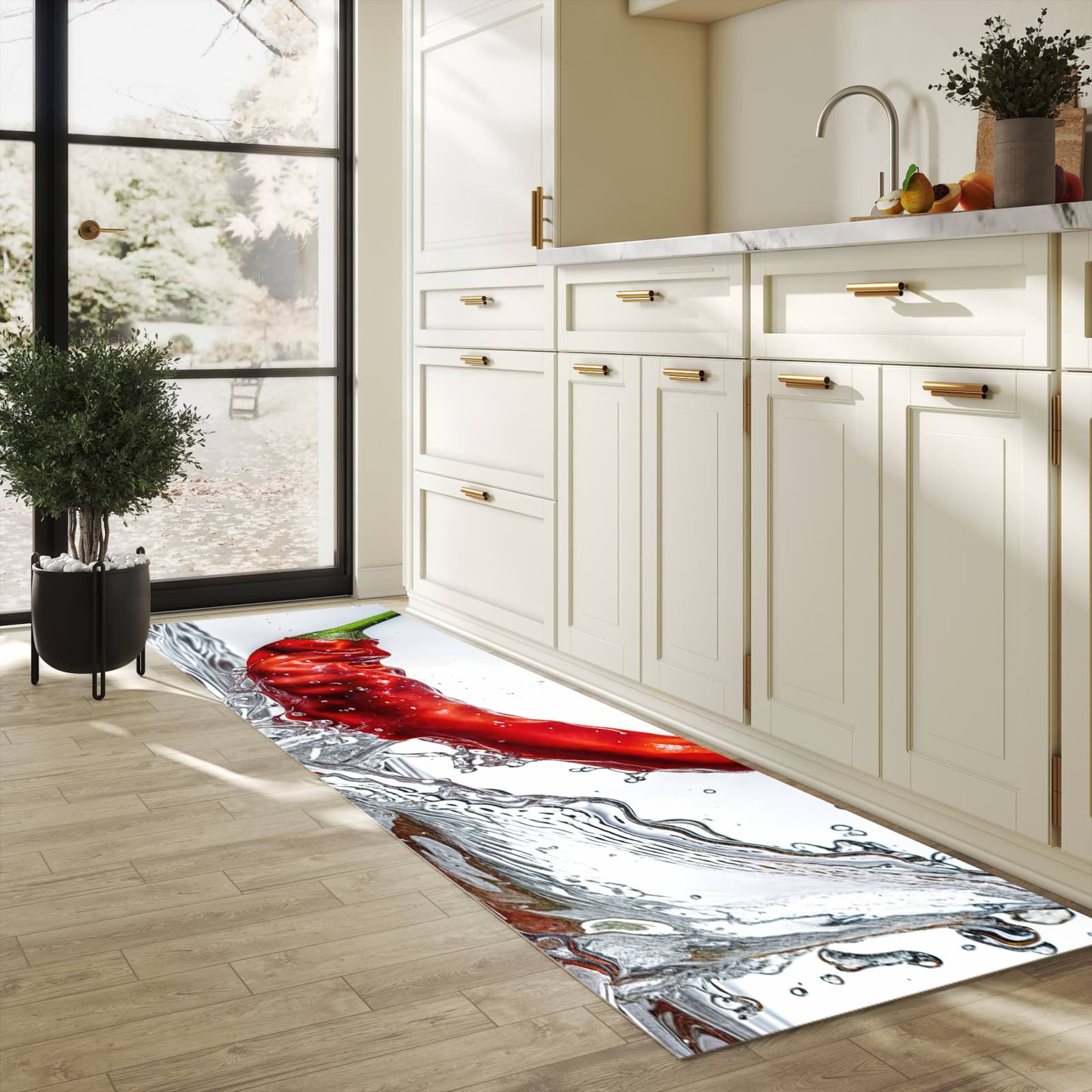 Küchenteppich mit Motiv Chiliim Wasser für Ordnung in heller Küche