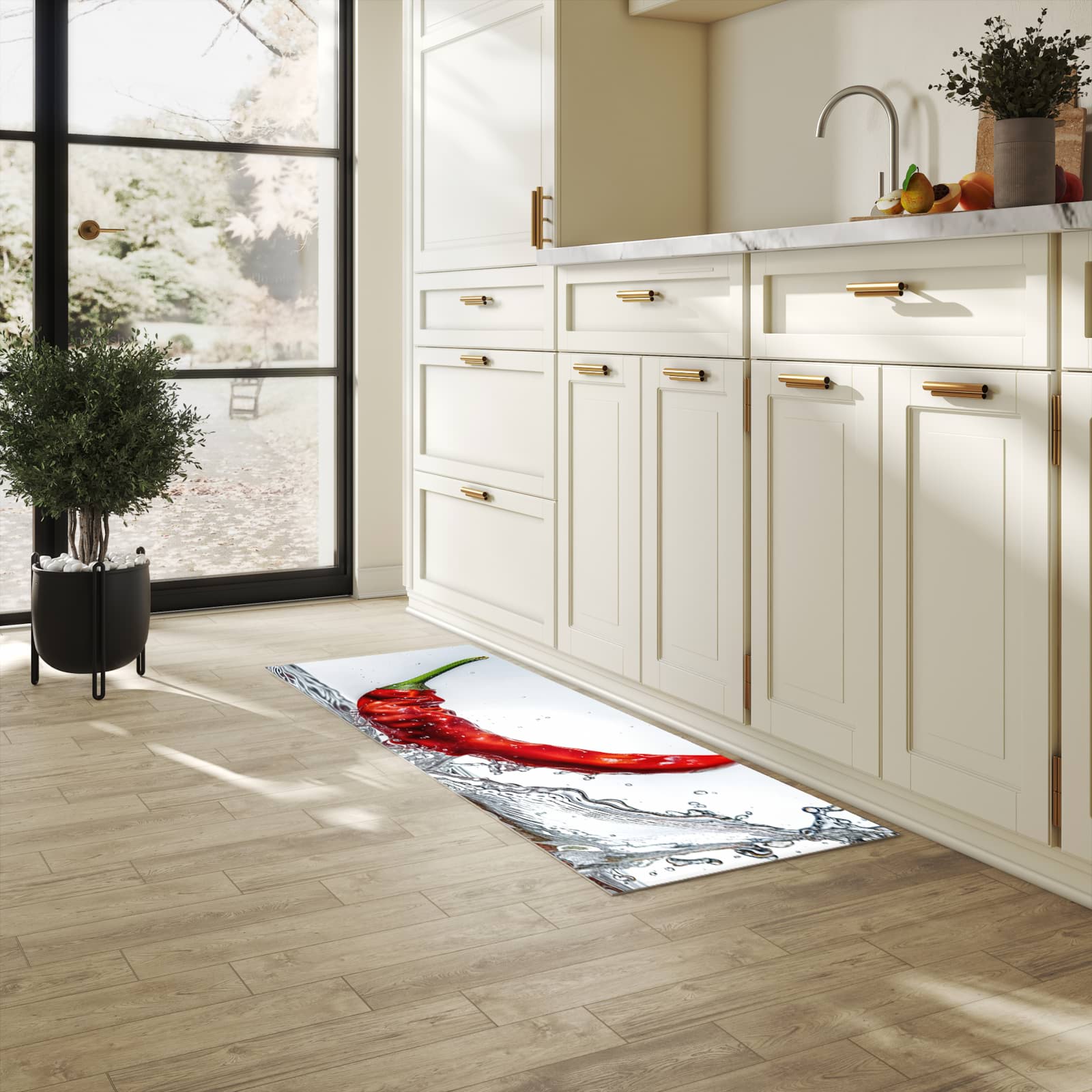 Küchenteppich mit angenehmer Haptik und Motiv Chiliim Wasser in heller Küche, waschbar
