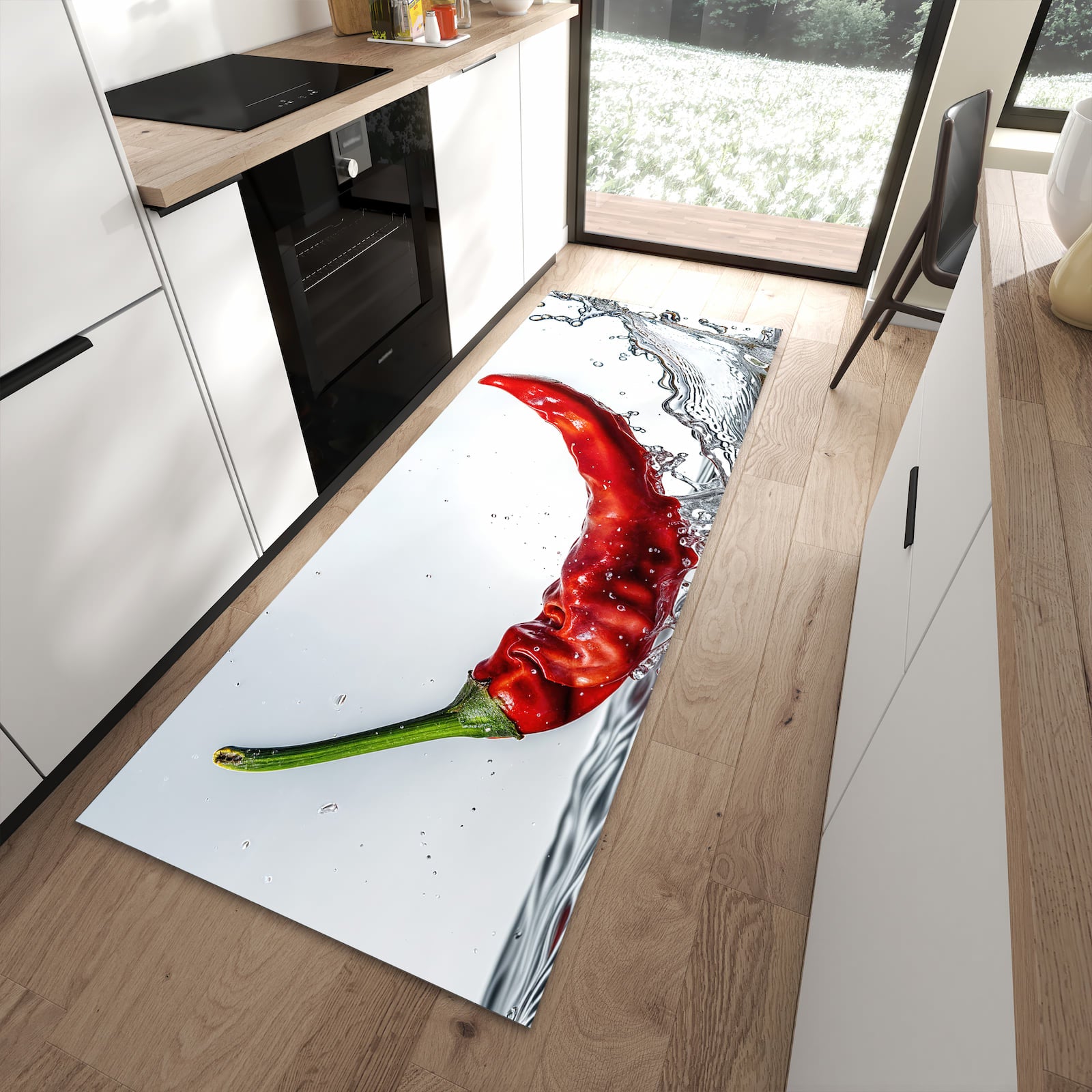 Abriebfester Küchenteppich mit Motiv Chiliim Wasser in moderner Küche