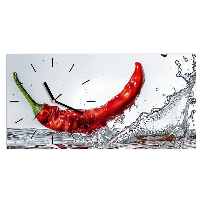 Wanduhr Chili im Wasser aus Glas – Querformat 60 × 30 cm mit Ziffernblatt Linie