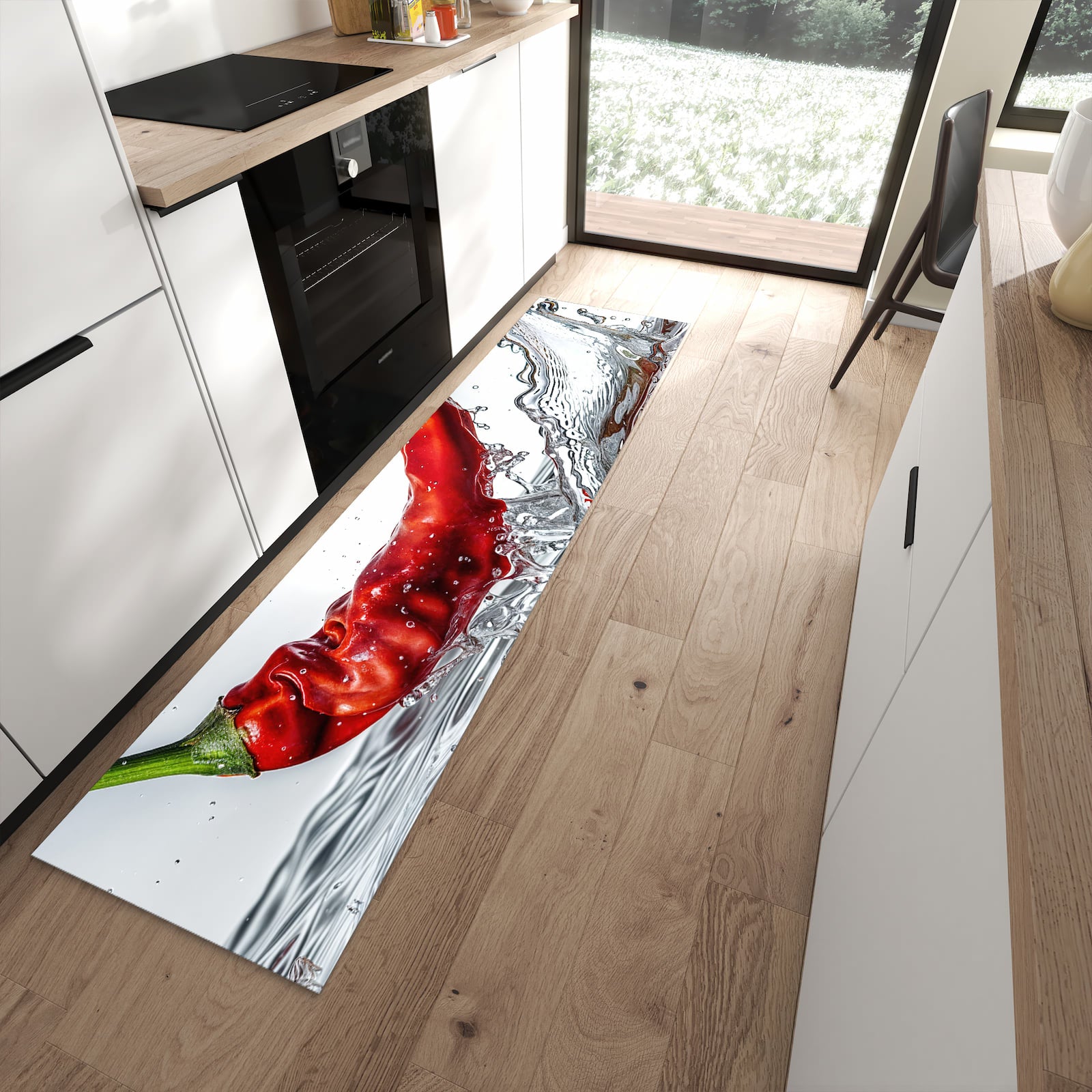 Feuchtigkeitsresistenter rutschfester Küchenläufer mit Motiv Chiliim Wasser in moderner Küche