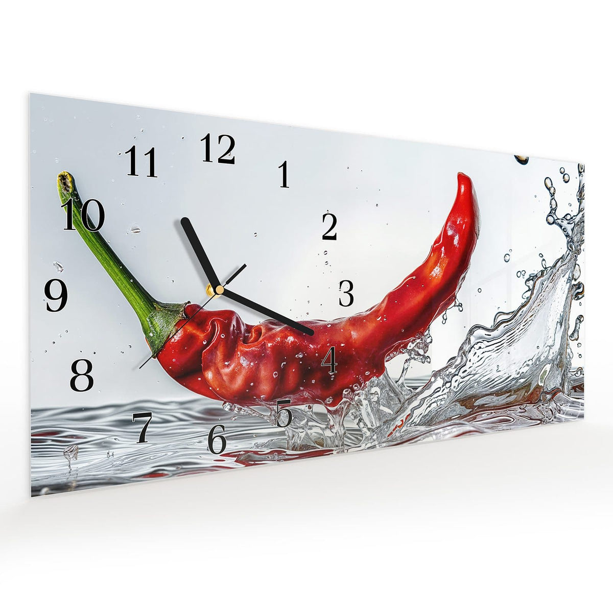 Vormontiert – mit Schwebeeffekt – Wanduhr Chili im Wasser aus Glas – Querformat 60 × 30 cm