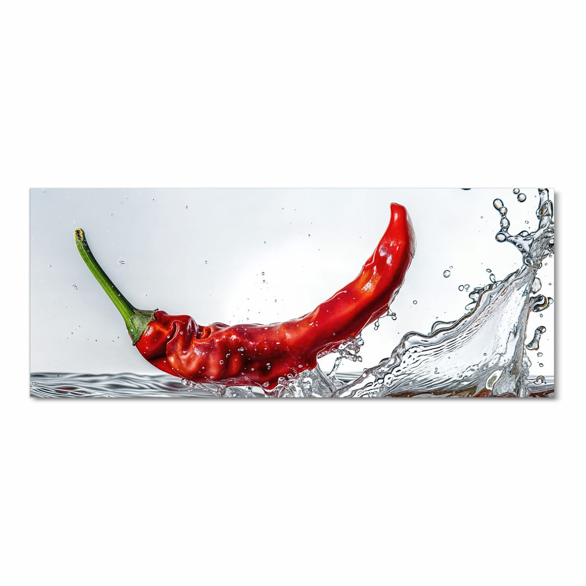 Eine einzelne rote Chilischote schießt in eine klare Wasserwelle, heller Hintergrund