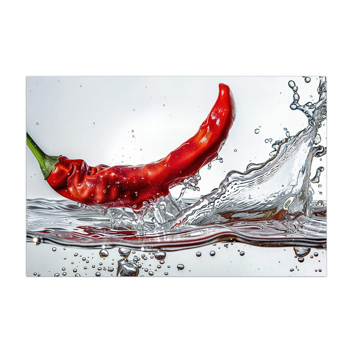 Küchenrückwand aus Glas Chilischote im Spritzer im Hochformat, Motiv bildfüllend von vorn