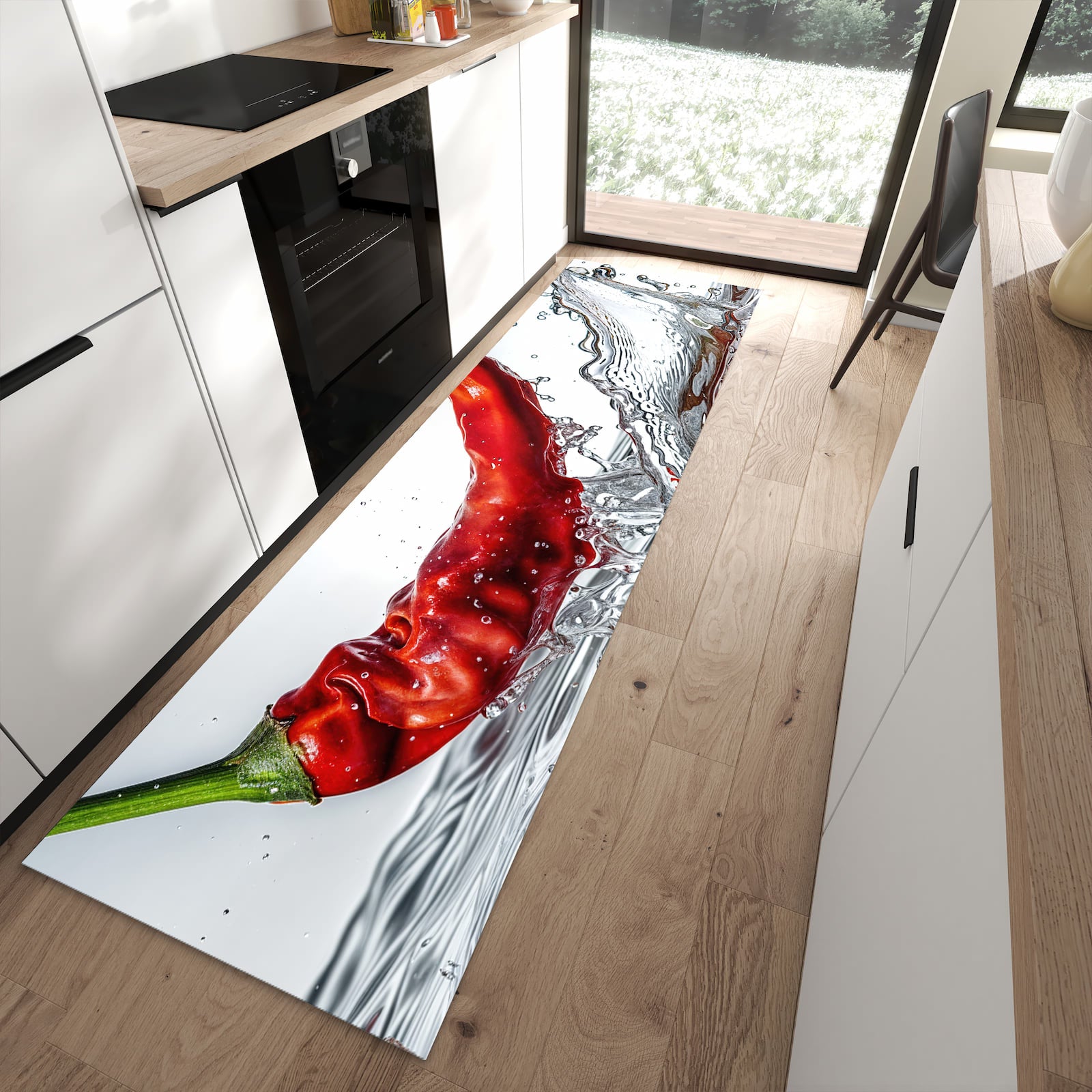 Waschbarer Küchenläufer mit Motiv Chiliim Wasser in moderner Küche für sichere Aufbewahrung