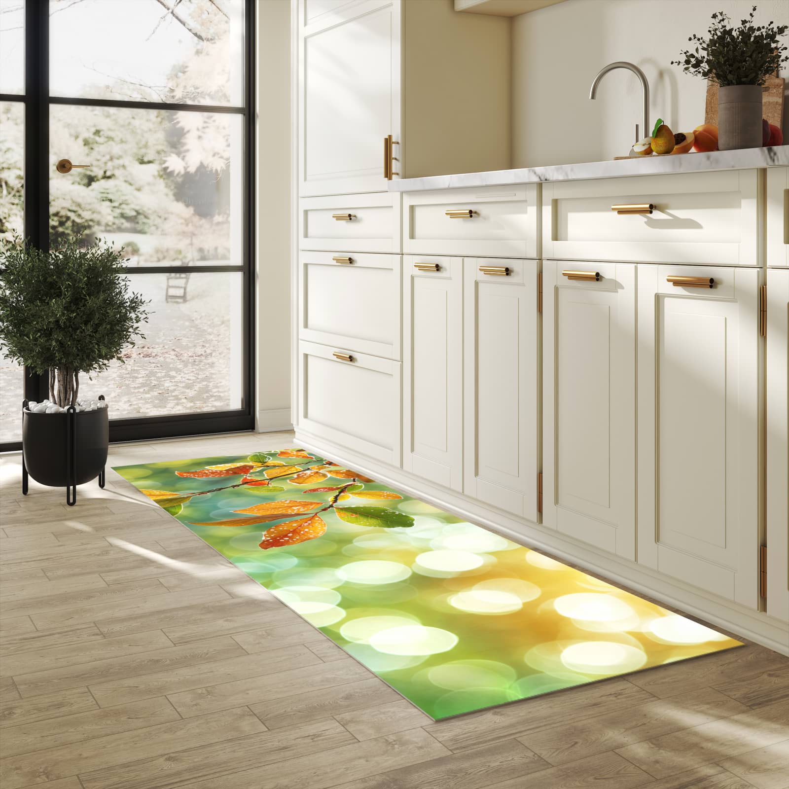 Geruchsneutraler langer Teppich mit Motiv Herbstlaube Lichtspiel in heller Küche