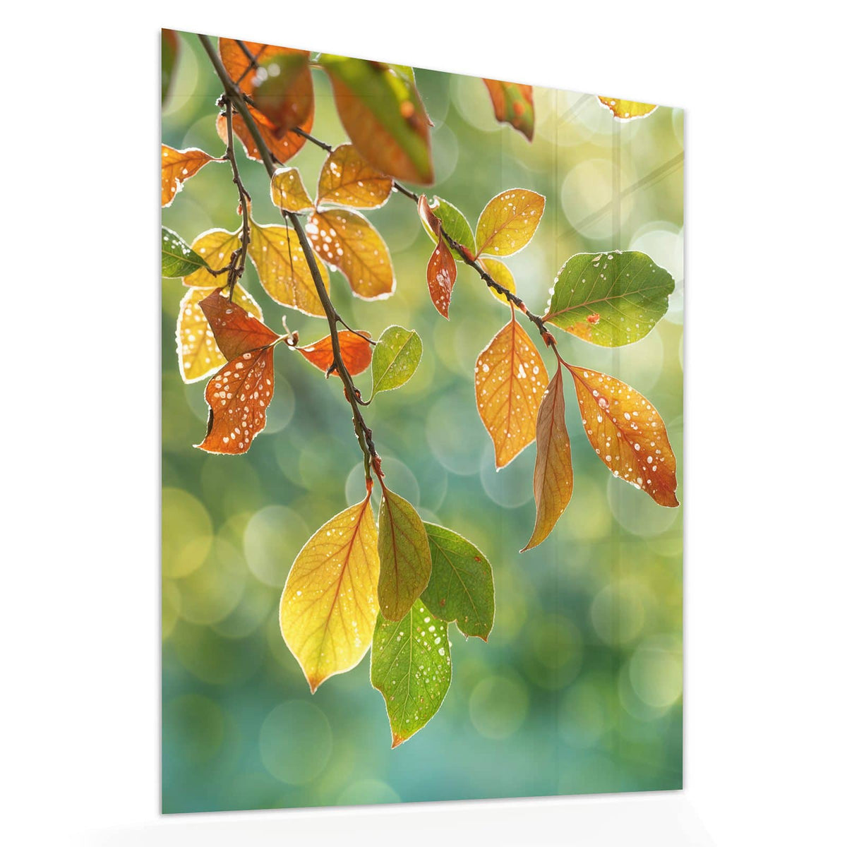 Echtglas, 4 mm – kein Acryl, keine Folie – Wandbild - Blätter mit Tautropfen - Hochformat