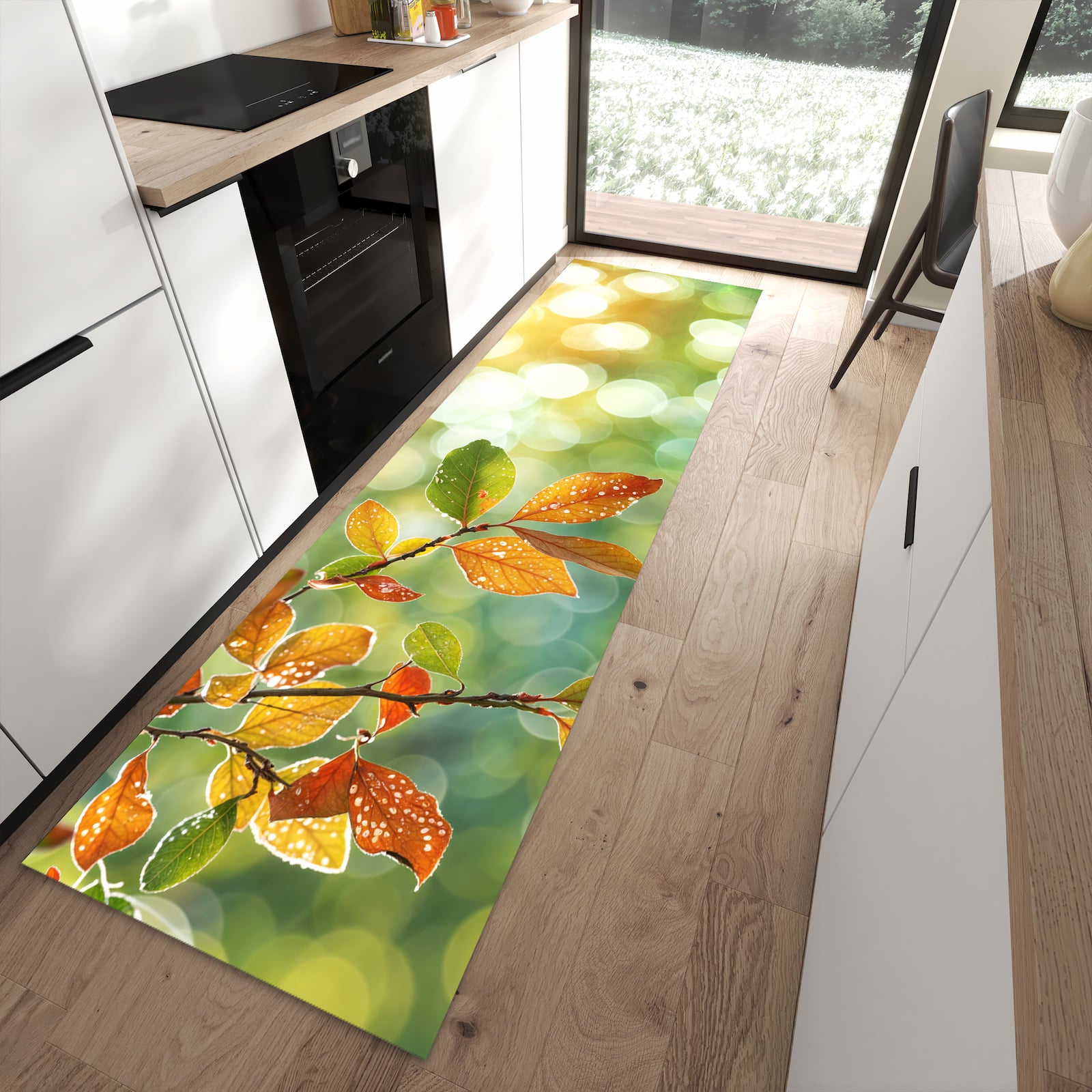 Pflegeleichter großer Küchenteppich mit Motiv Herbstlaube Lichtspiel in moderner Küche