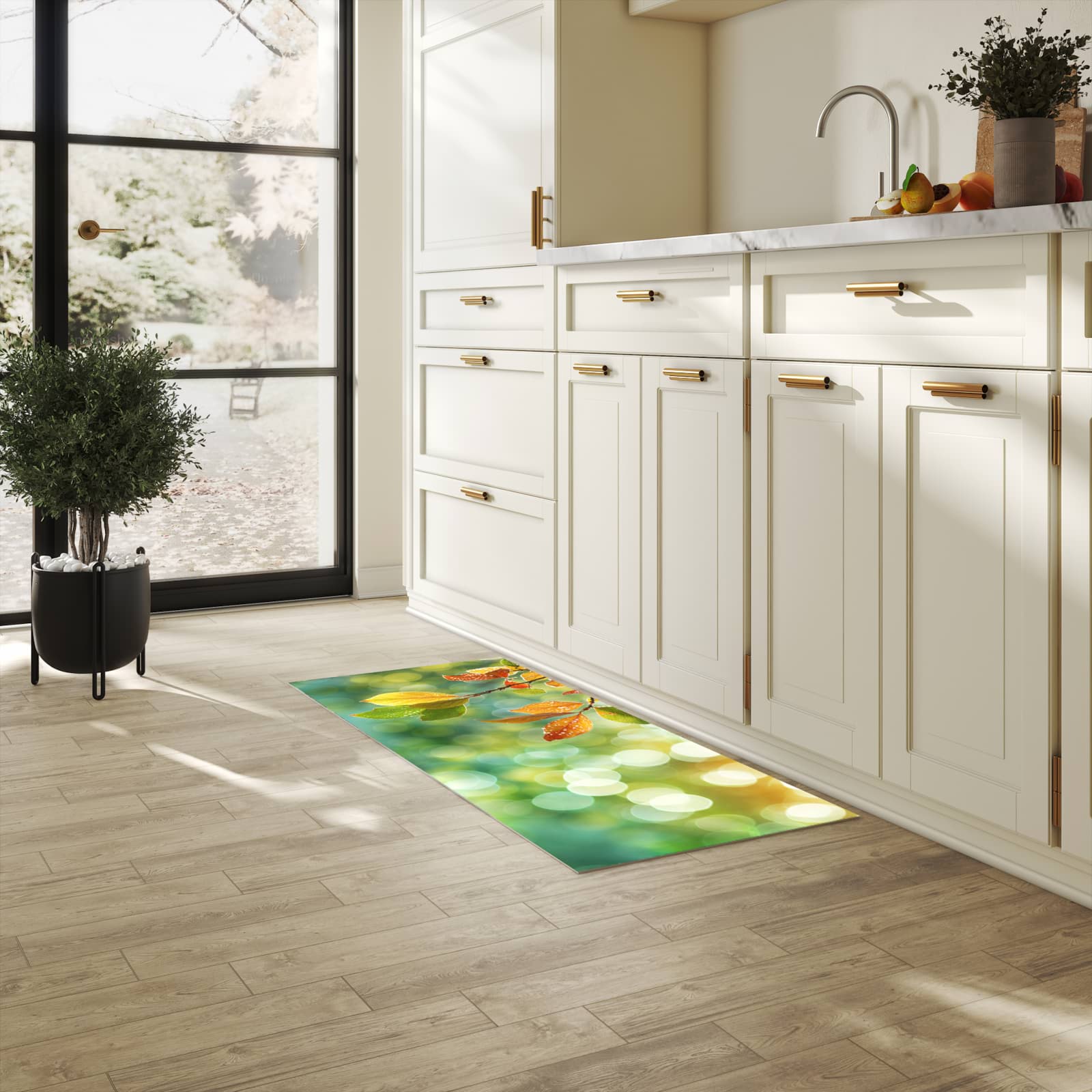 Geräuschdämpfender Küchenvorleger mit Motiv Herbstlaube Lichtspiel in heller Küche