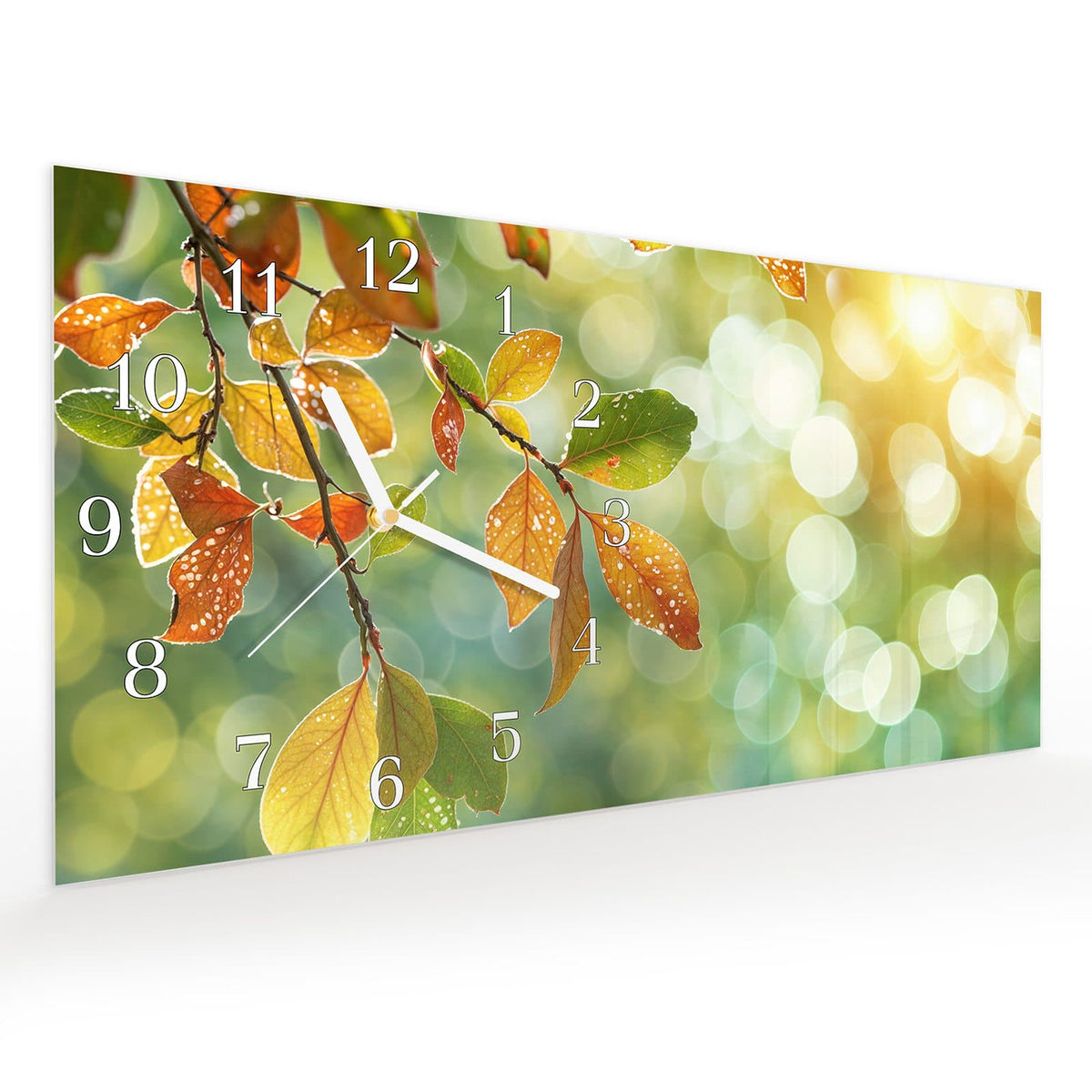 Vormontiert – mit Schwebeeffekt – Wanduhr Herbstlaube Lichtspiel aus Glas – Querformat 60 × 30 cm