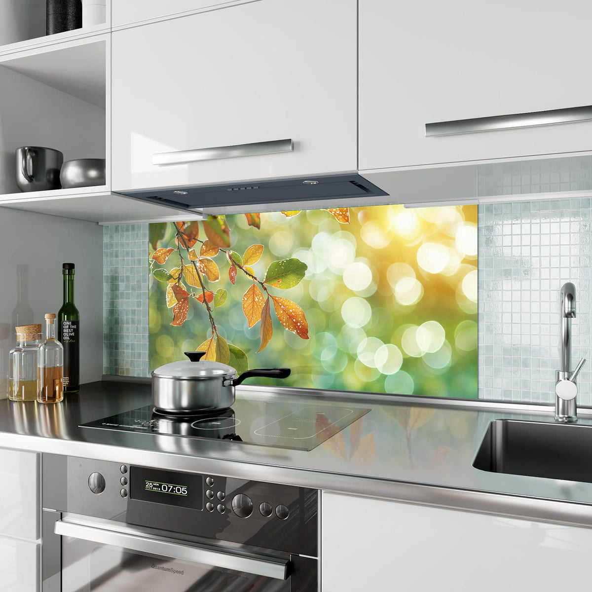 Küchenrückwand aus Glas Blätter mit Tautropfen im Hochformat als Spritzschutz hinter dem Kochfeld, über dem Fliesenspiegel montiert