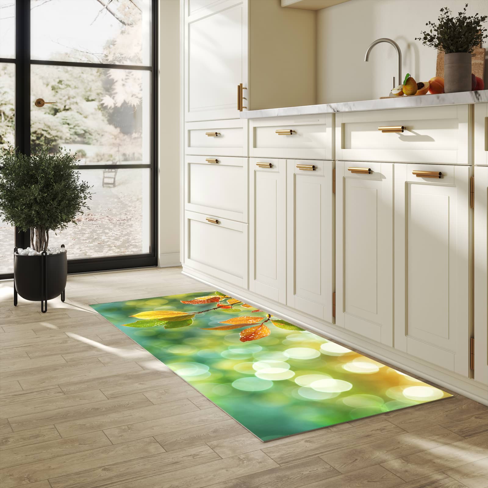 Schmutzabweisender waschbarer Küchenläufer mit Motiv Herbstlaube Lichtspiel in heller Küche