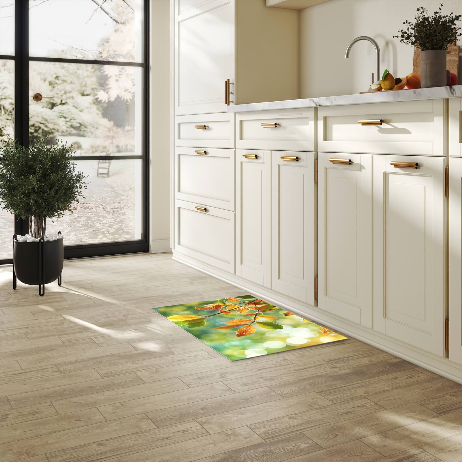 Fleckenresistenter waschbarer Läufer mit Motiv Herbstlaube Lichtspiel in heller Küche