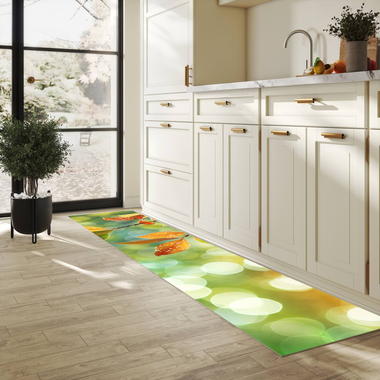 Wasserabweisender Teppichläufer mit Motiv Herbstlaube Lichtspiel in heller Küche