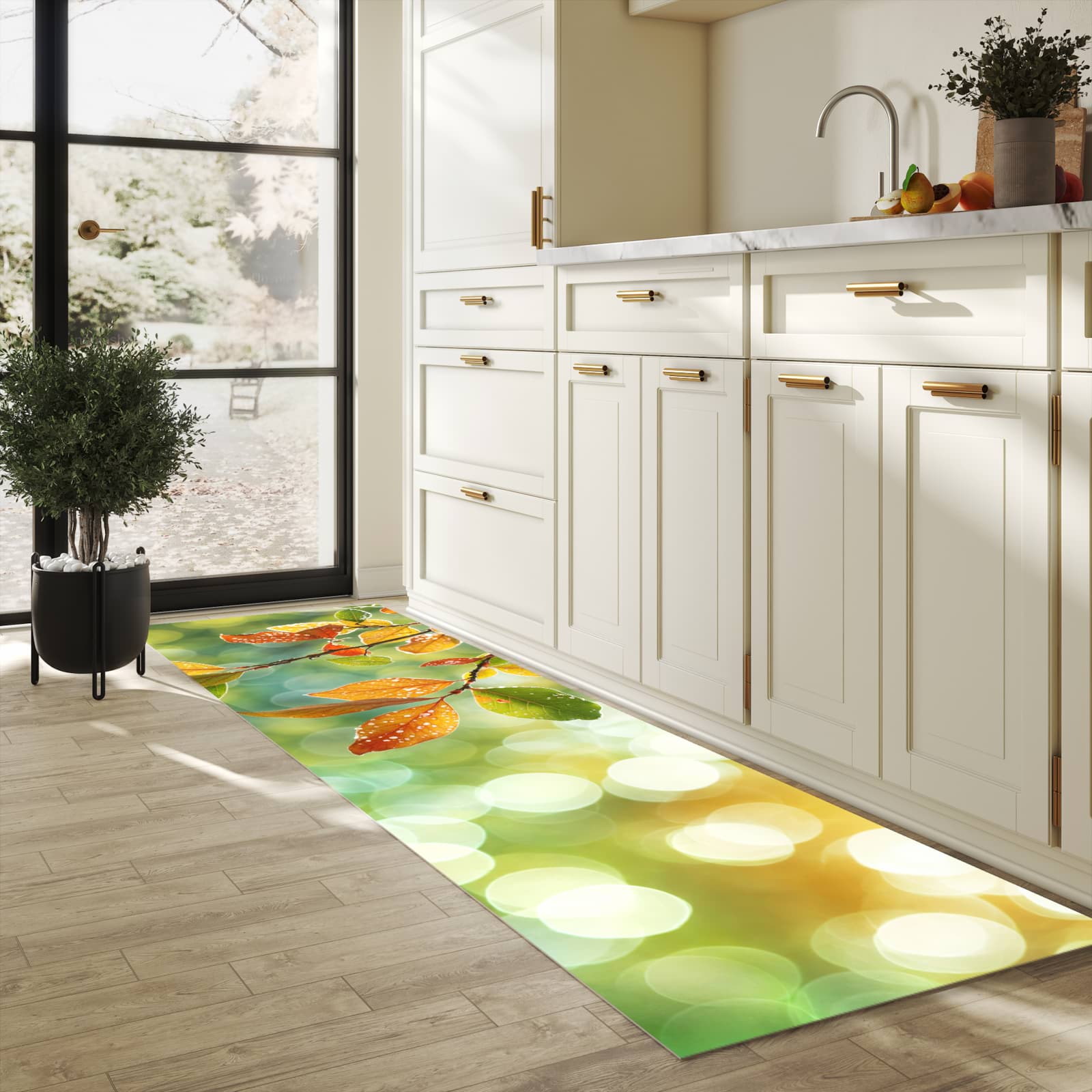 Flacher Läufer mit Motiv Herbstlaube Lichtspiel für rutschfesten Halt in heller Küche