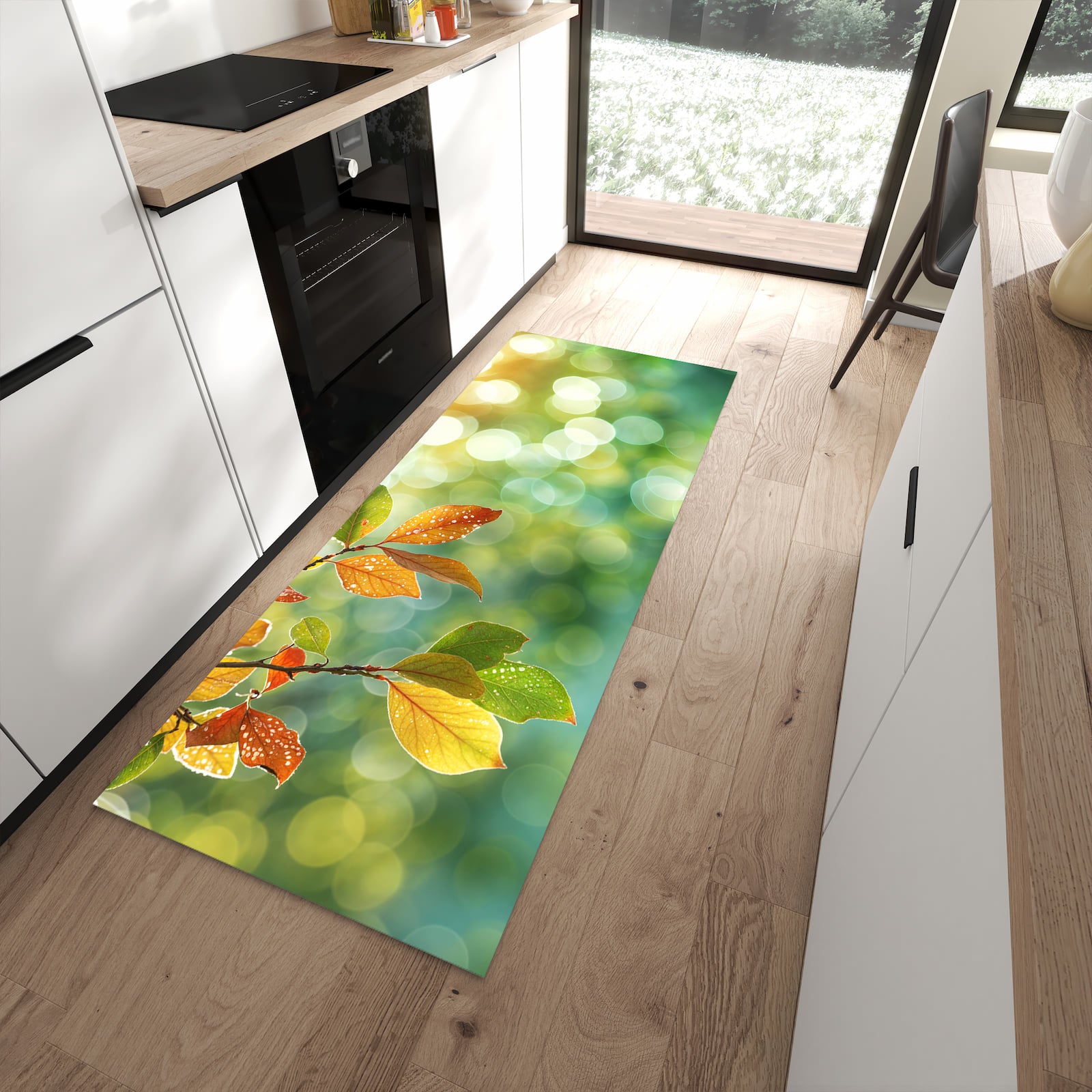 Komfortabler waschbarer Küchenteppich mit Motiv Herbstlaube Lichtspiel in moderner Küche