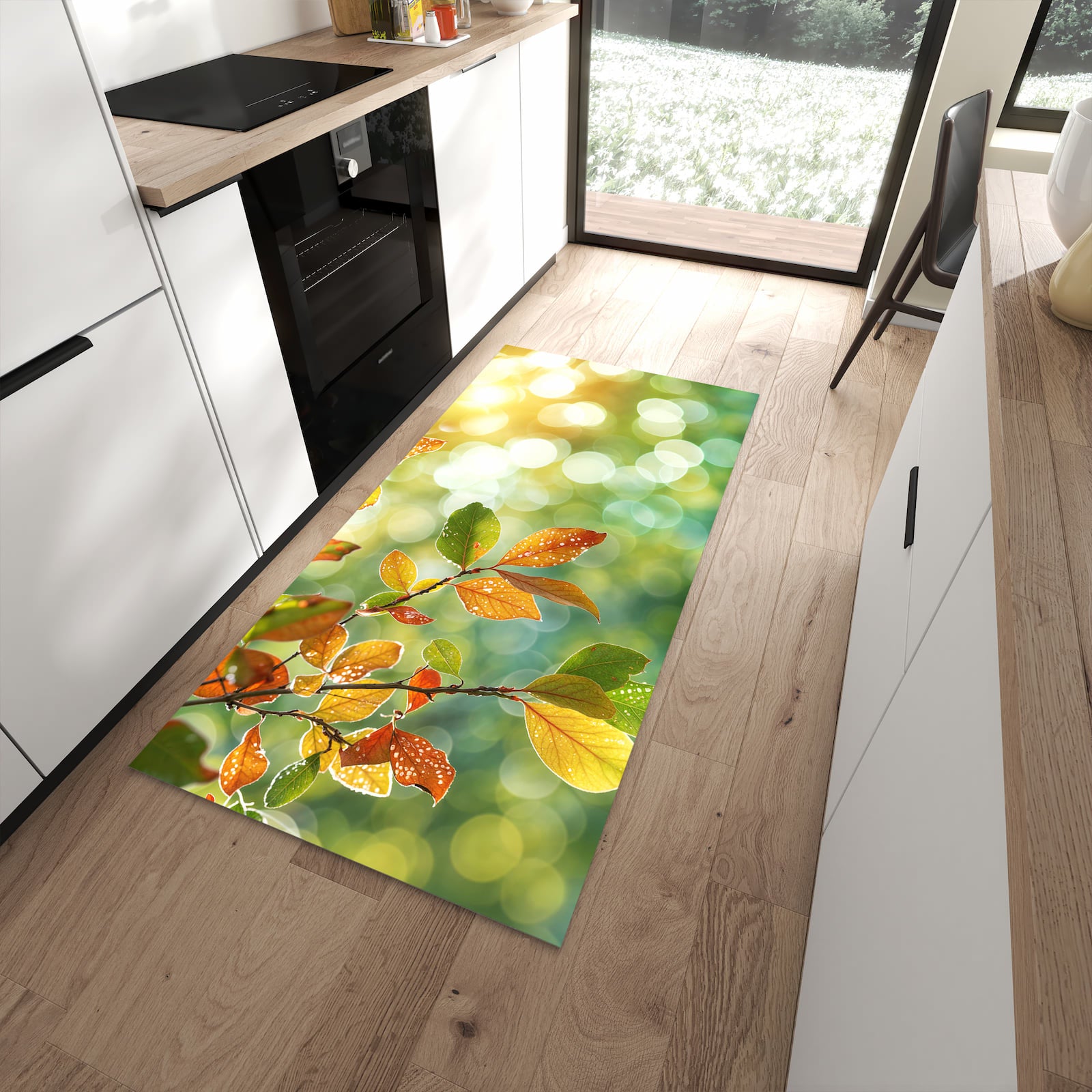 Hygienischer Küchenteppich mit Motiv Herbstlaube Lichtspiel in moderner Küche - waschbar