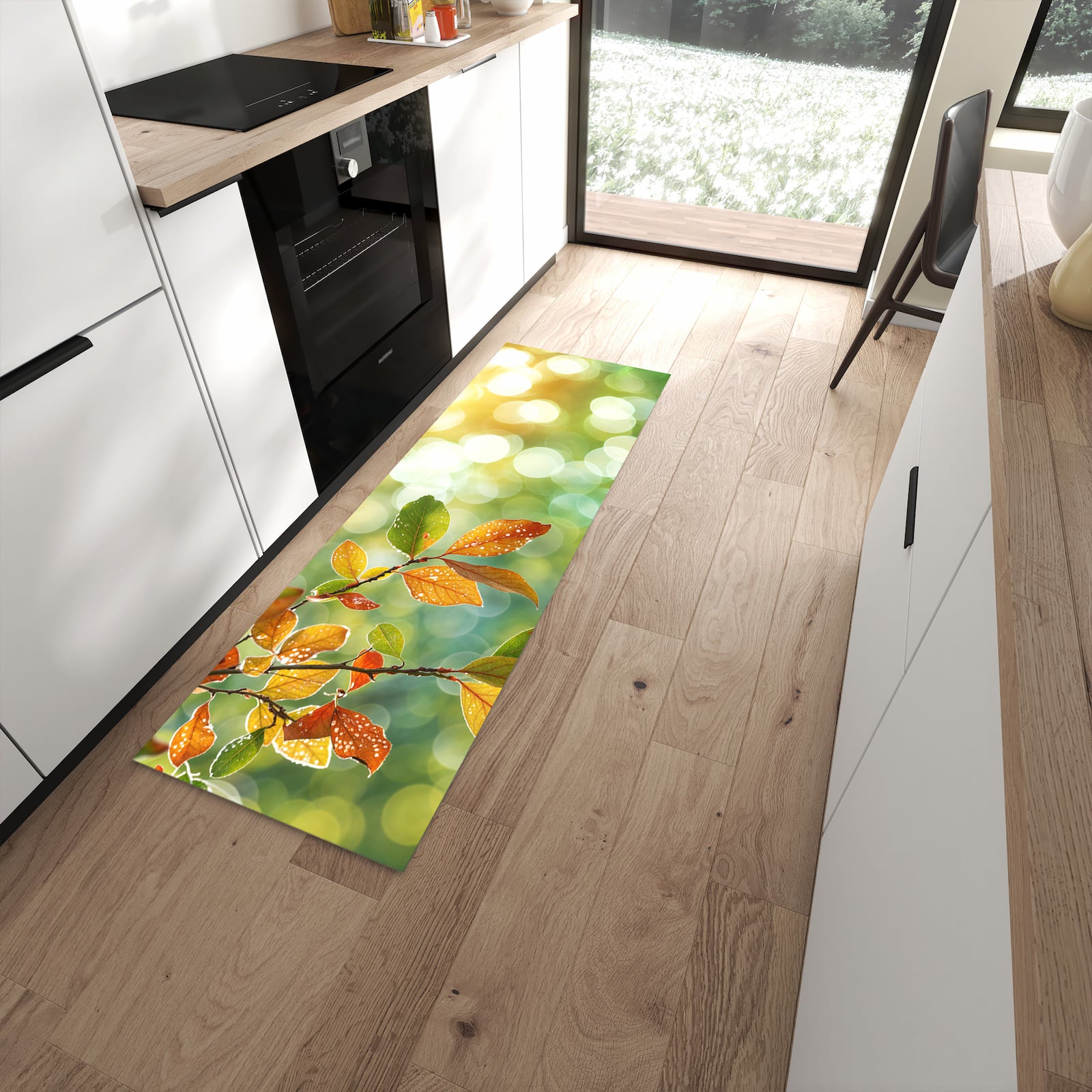 Schmutzabweisender Küchenteppich mit Motiv Herbstlaube Lichtspiel in moderner Küche