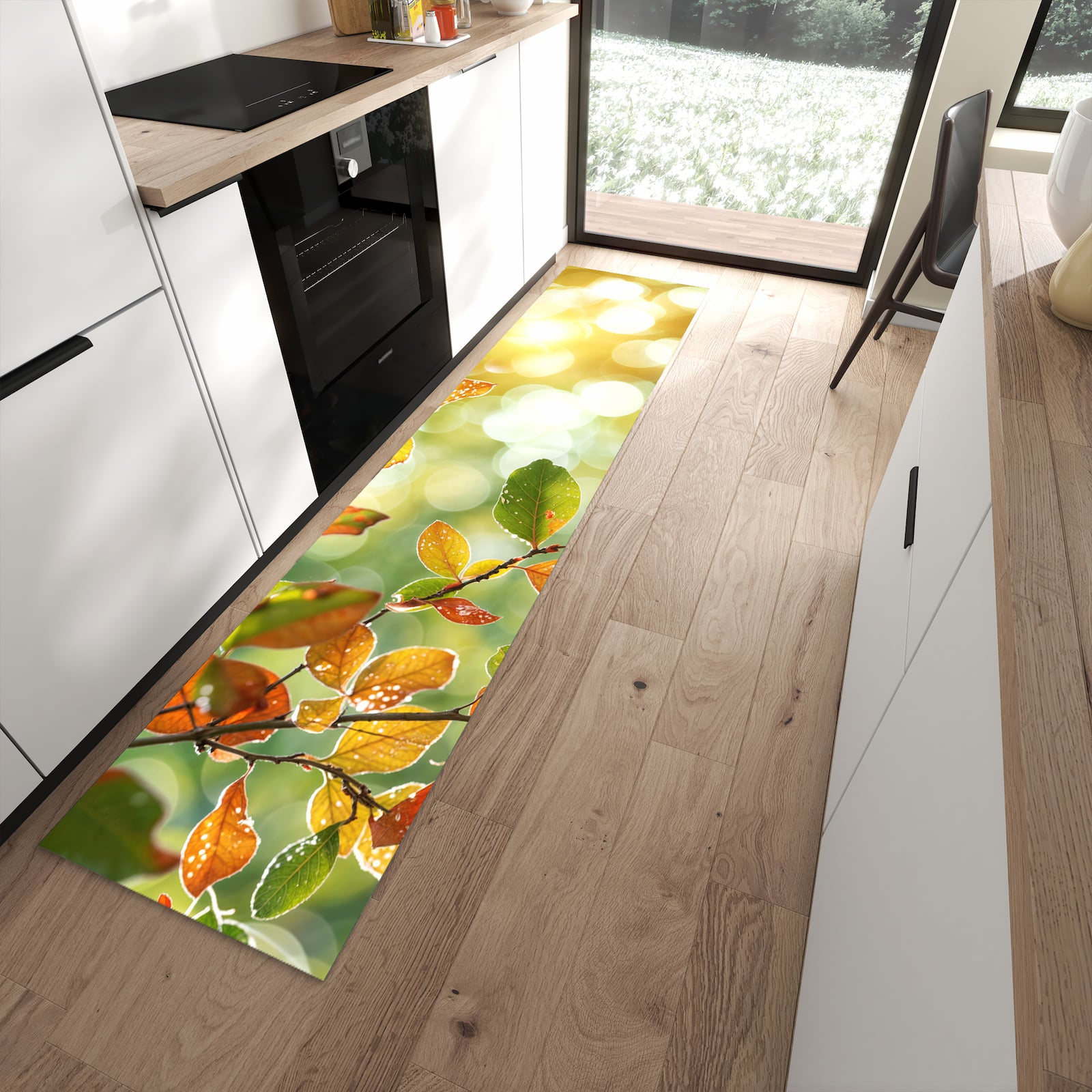 Langlebiger Küchenteppich mit Motiv Herbstlaube Lichtspiel in moderner Küche