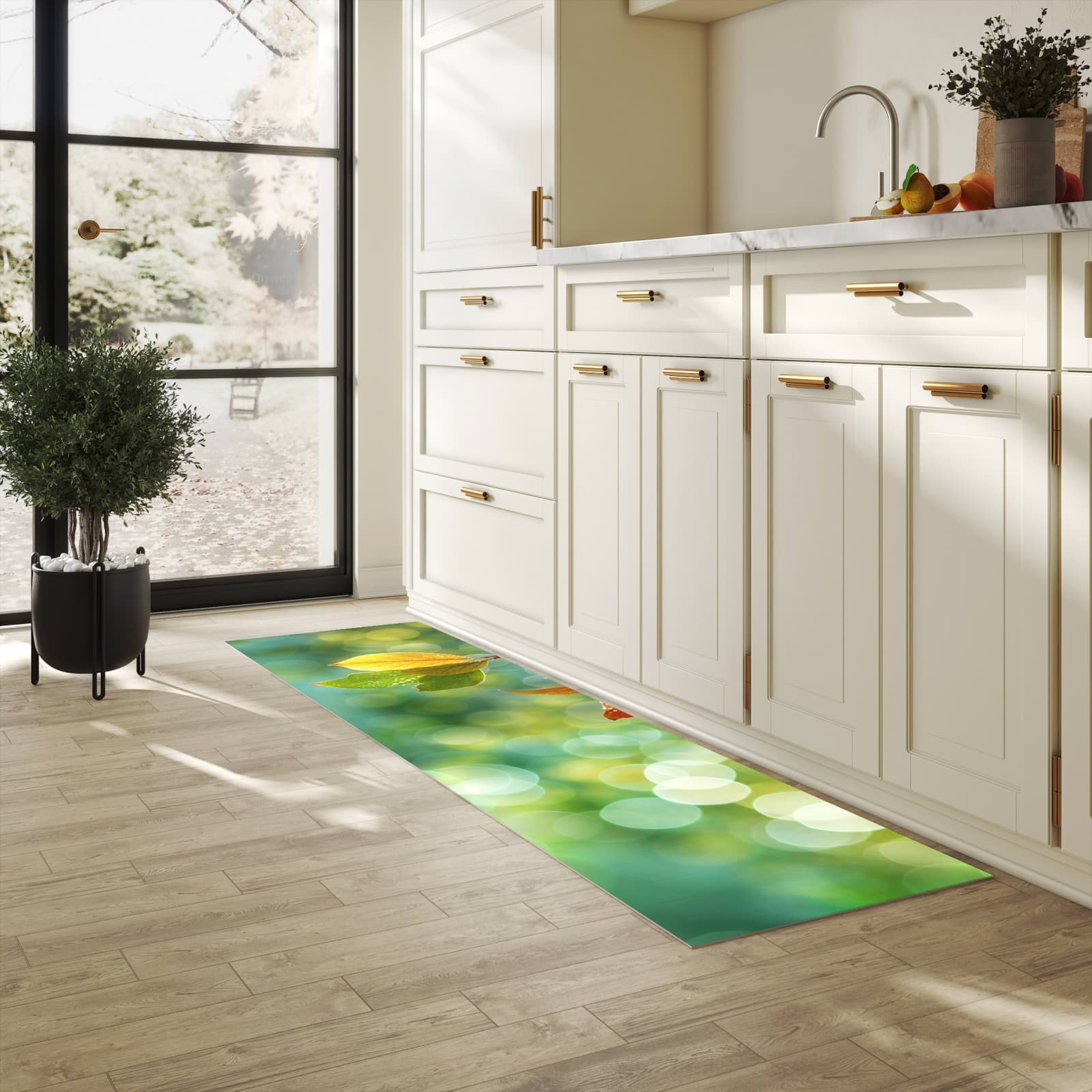 UV-beständiger Küchenläufer mit Motiv Herbstlaube Lichtspiel in heller Küche