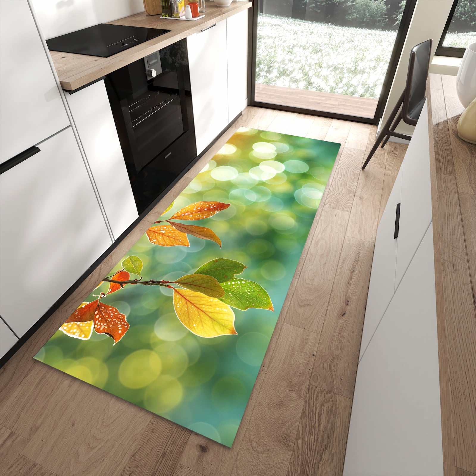 Strapazierfähiger Küchenläufer mit Motiv Herbstlaube Lichtspiel in moderner Küche
