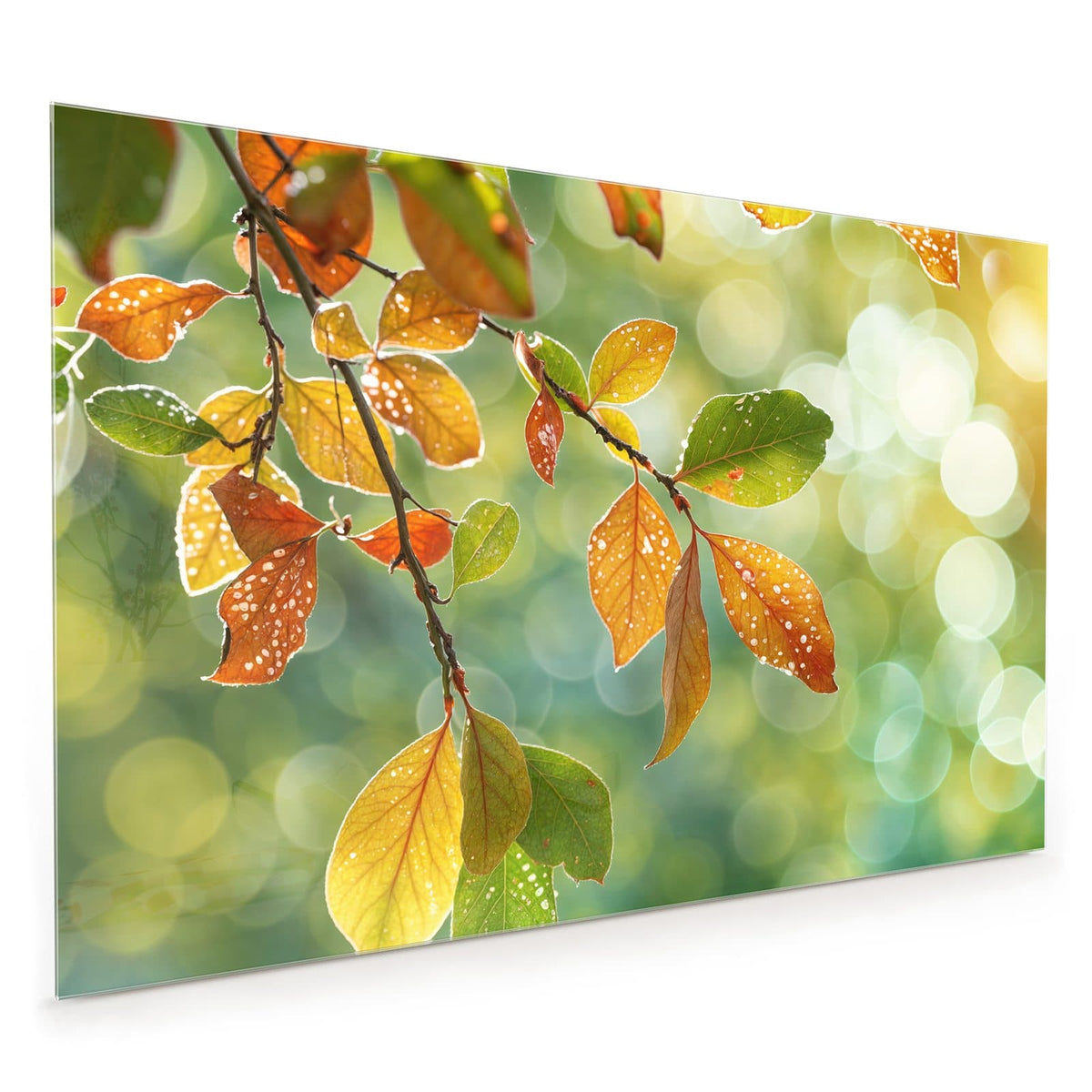 Küchenrückwand aus Glas im Hochformat mit Motiv Blätter mit Tautropfen: Zweig mit gelb-orangen Herbstblättern voller Tautropfen vor grün-goldenem Bokeh