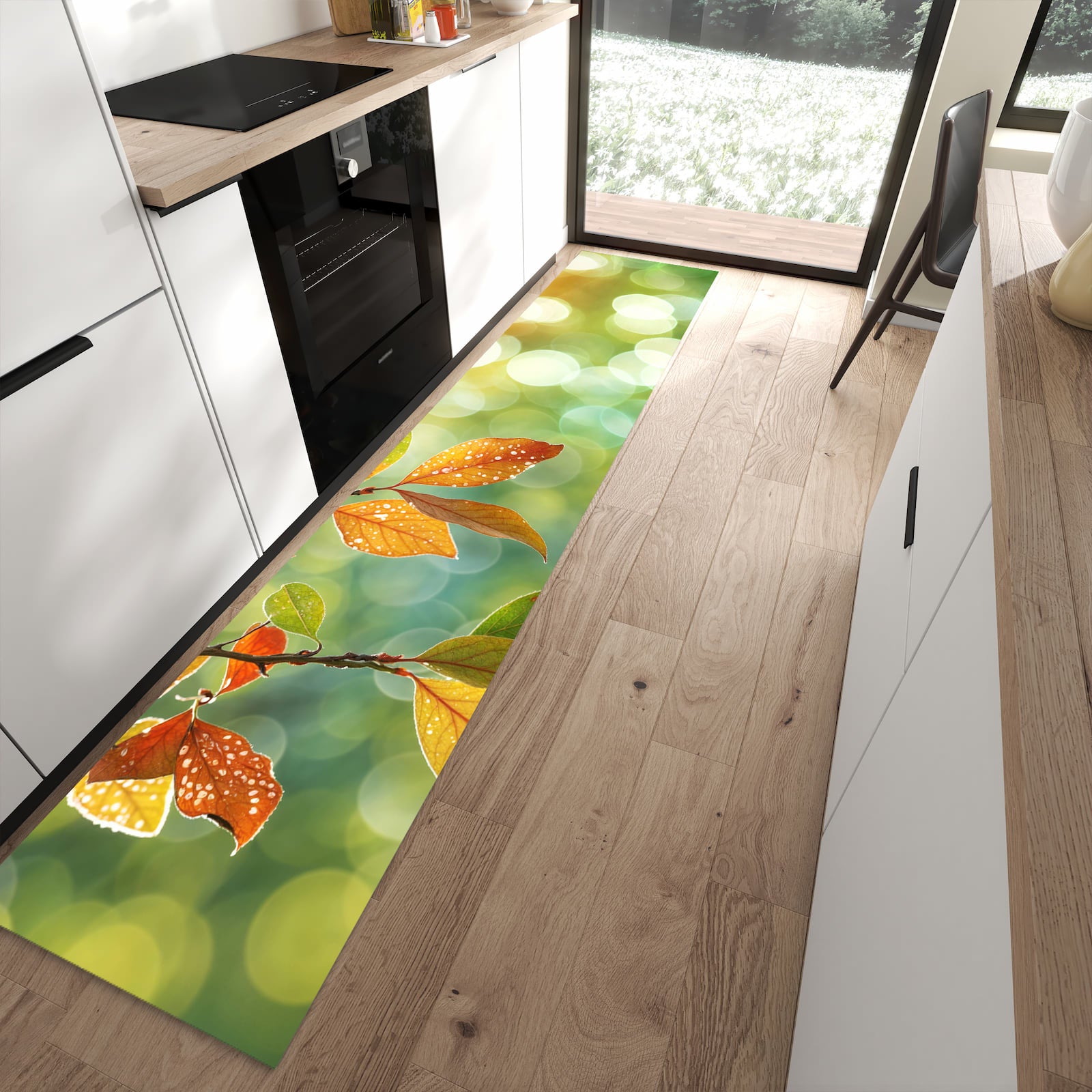 Flacher Küchenteppich mit Motiv Herbstlaube Lichtspiel in moderner Küche für rutschfesten Stand