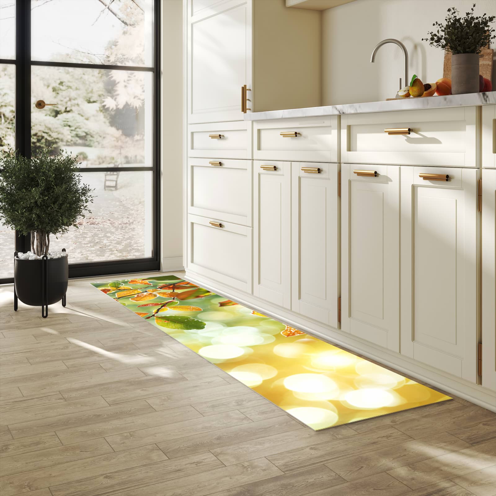 Komfortabler Küchenläufer mit Motiv Herbstlaube Lichtspiel in heller Küche für angenehmes Stehen
