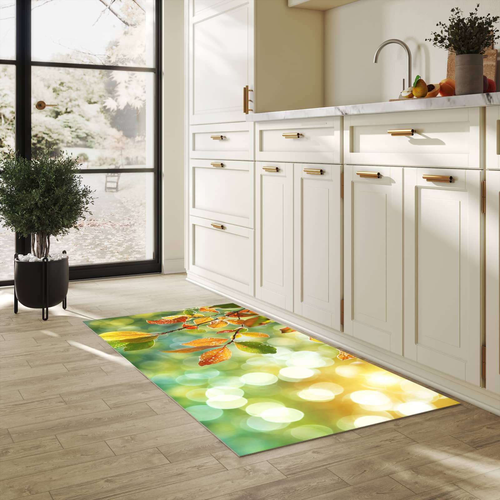 Pflegeleichter dünner Teppich mit Motiv Herbstlaube Lichtspiel in heller Küche