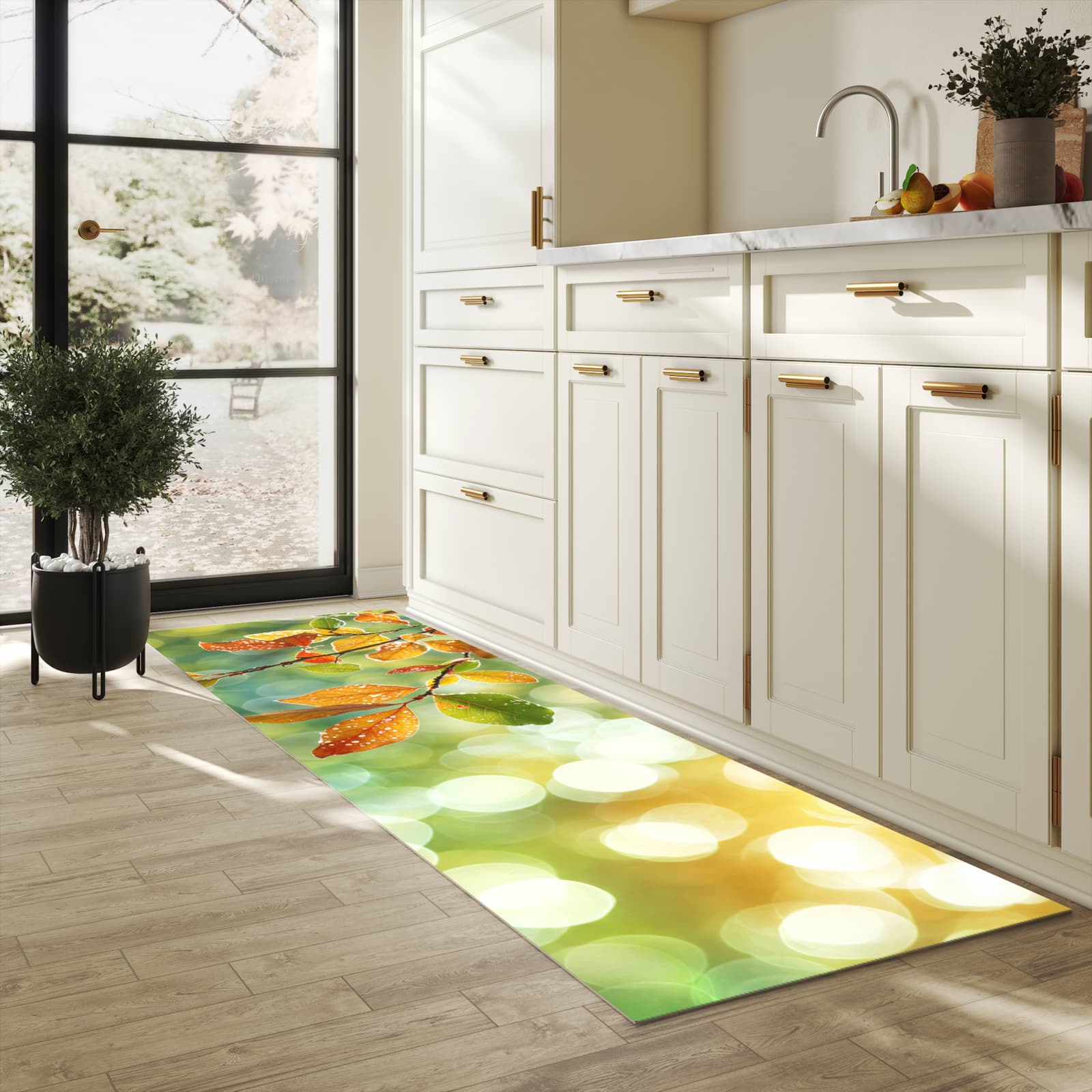 Langlebiger Läufer mit Motiv Herbstlaube Lichtspiel für Eingangsbereich in heller Küche
