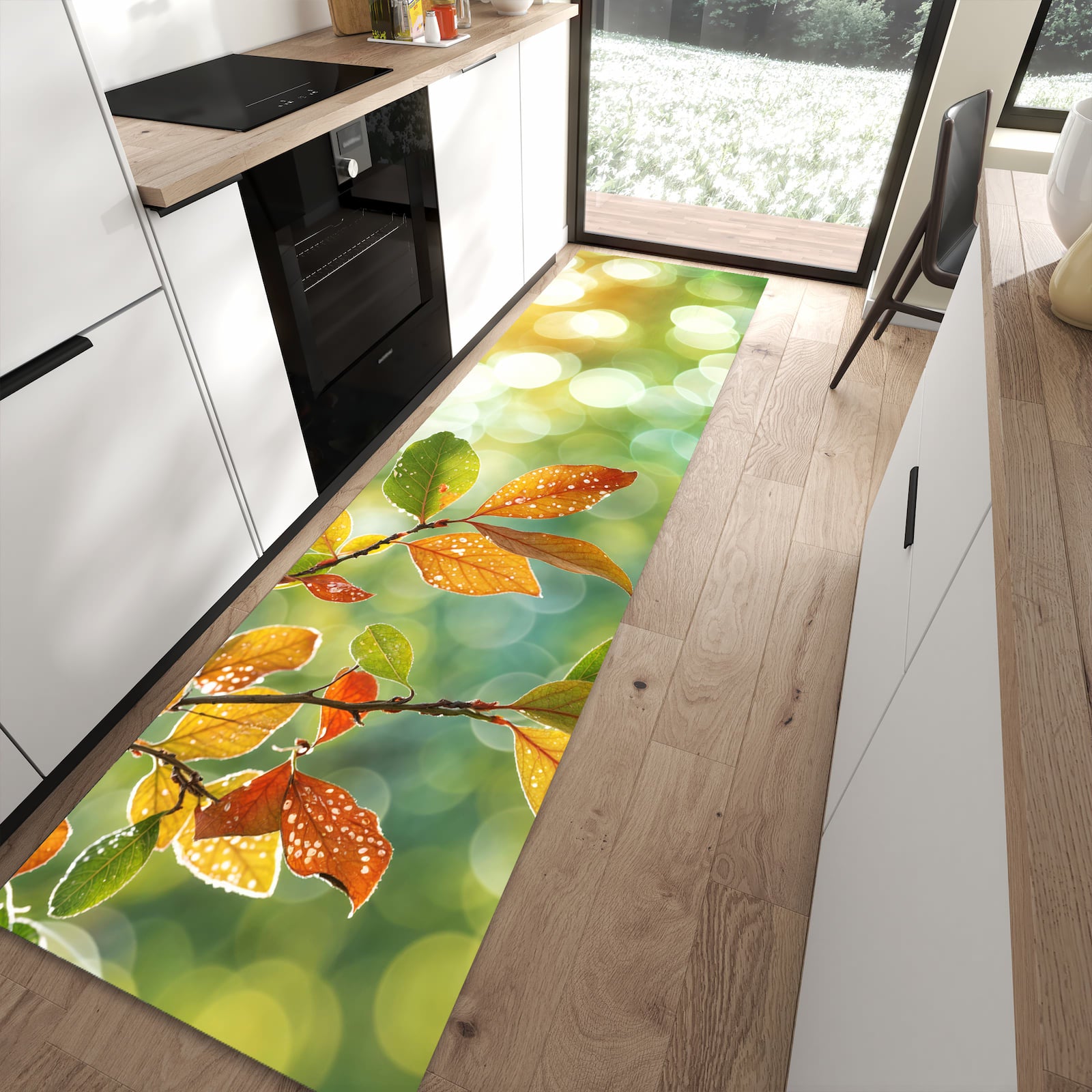 Rutschfester Küchenteppich mit Motiv Herbstlaube Lichtspiel für angenehmes Stehen in moderner Küche