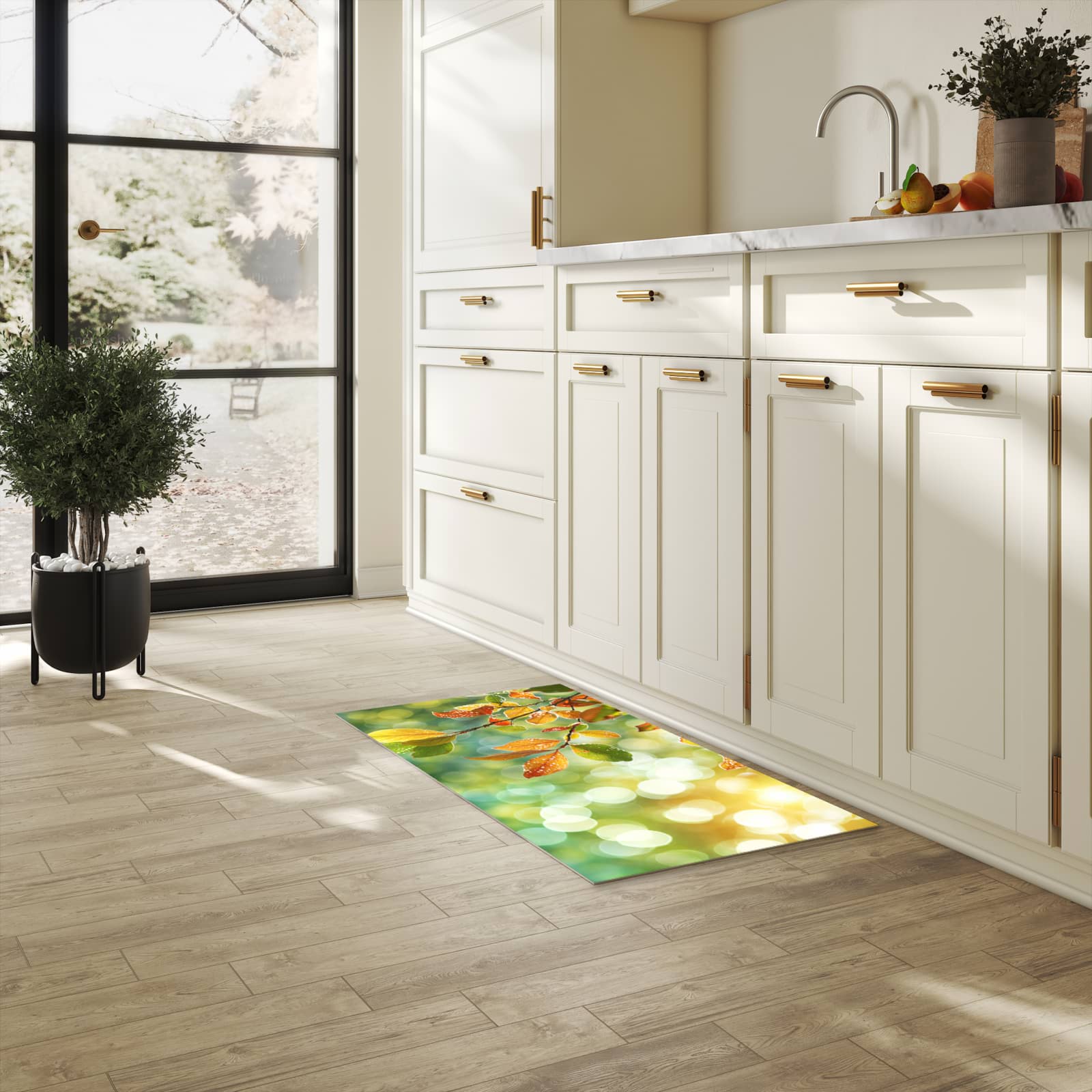 Zeitsparender Küchenteppich mit Motiv Herbstlaube Lichtspiel in heller Küche