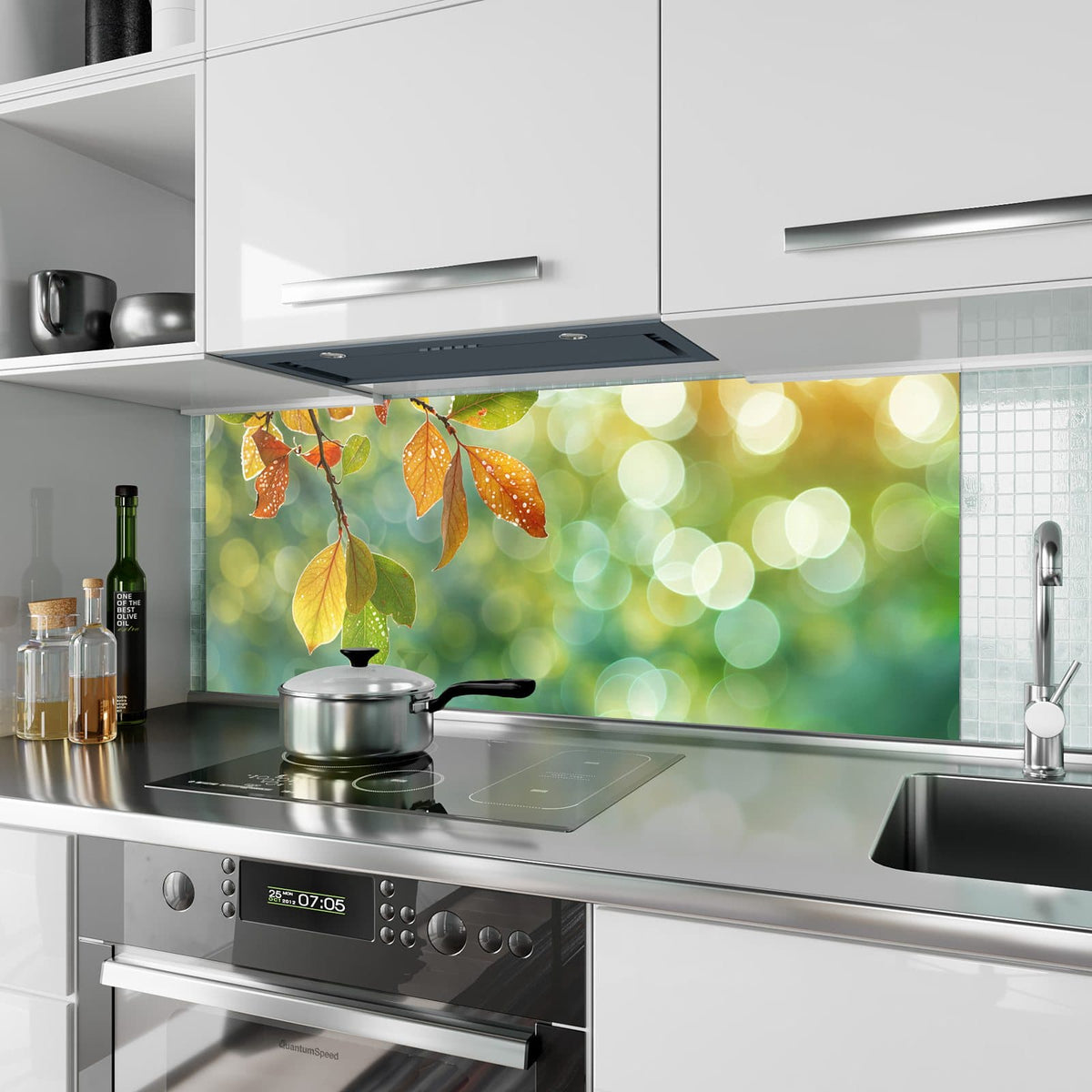 Küchenrückwand aus Glas Blätter mit Tautropfen im Hochformat als Spritzschutz hinter dem Kochfeld, über dem Fliesenspiegel montiert