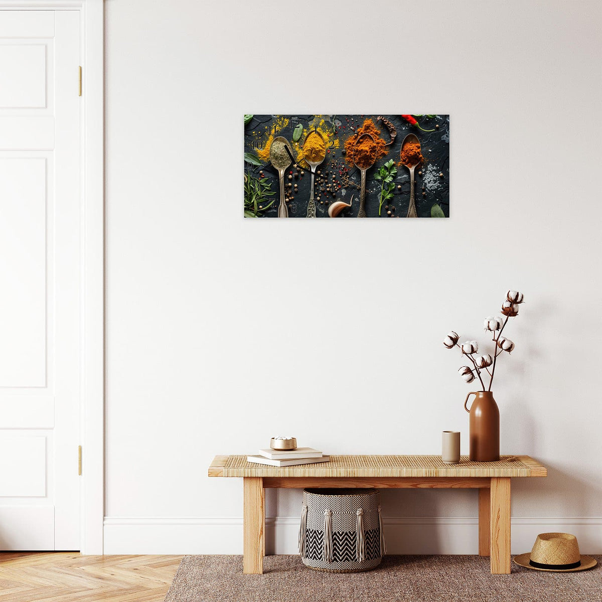 Moderne Wanduhr aus Glas mit Farbtiefe – Wanduhr Gewürze Löffel Mix aus Glas – Querformat 60 × 30 cm