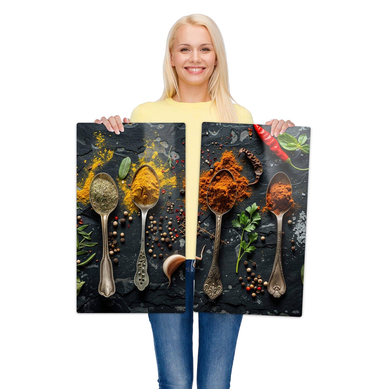 1-teilige Herdabdeckung mit Gewürze Löffel Mix-Motiv wird zur Größendarstellung gehalten