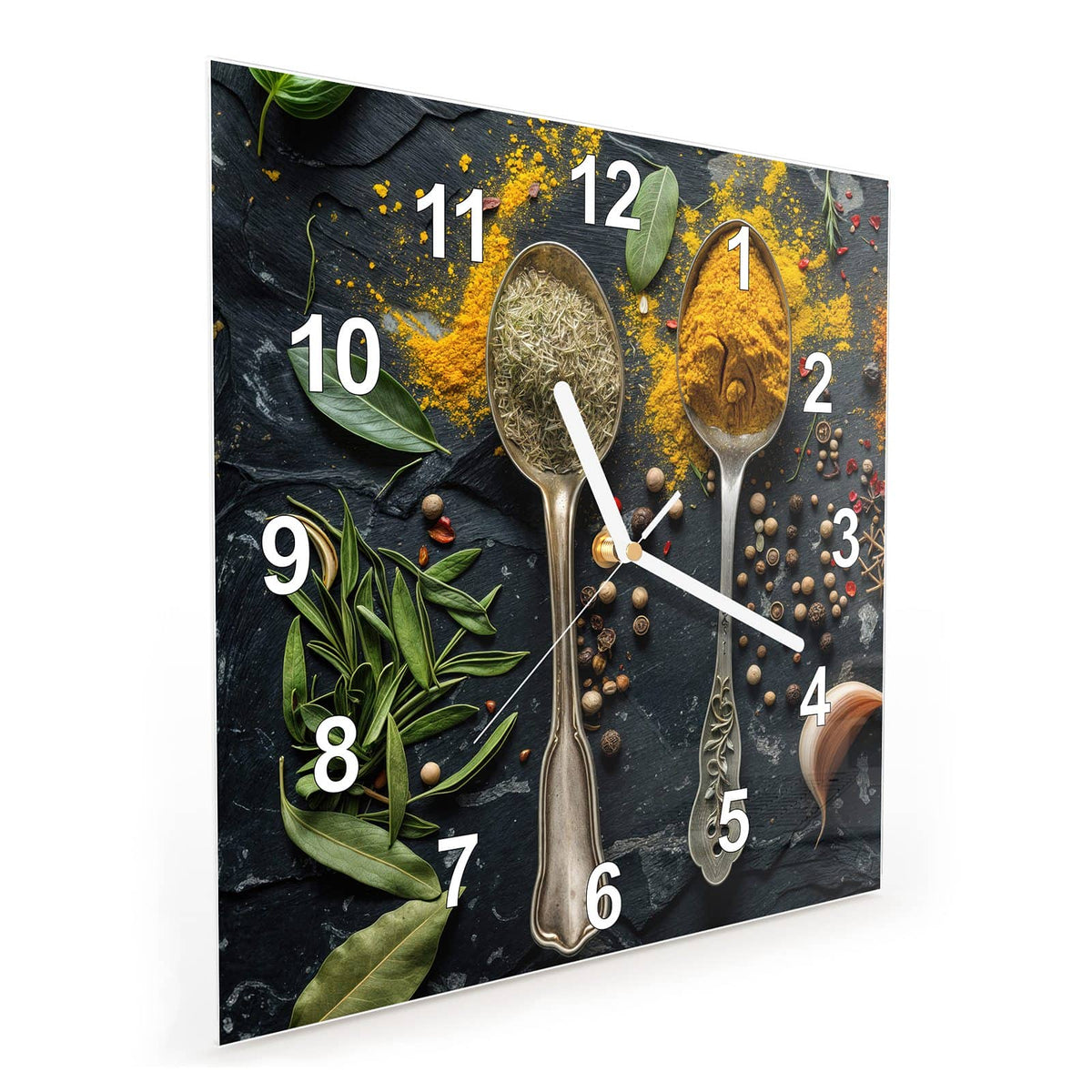 Vormontiert – mit Schwebeeffekt – Wanduhr Gewürze Löffel Mix aus Glas – Quadratisch 30 × 30 cm