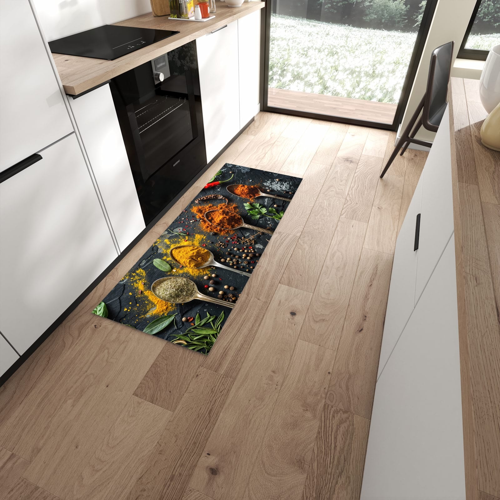 Feuchtigkeitsresistenter Teppichläufer mit Motiv Gewürze Löffel Mix in moderner Küche #grösse_60 x 150 cm
