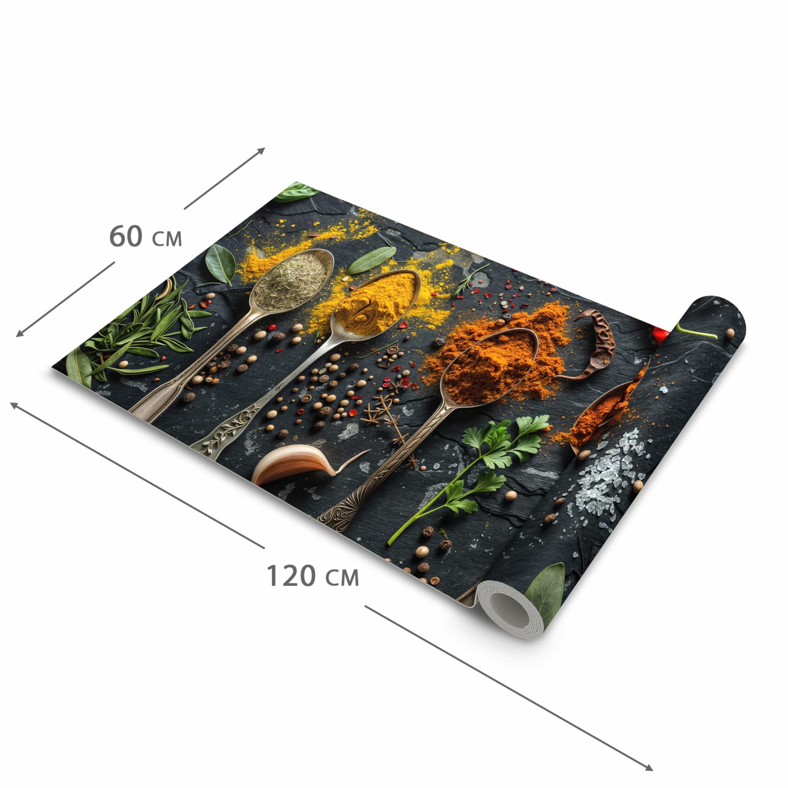 Schmutzabweisender Küchenteppich mit Motiv Gewürze Löffel Mix in der Grösse 60x120 cm