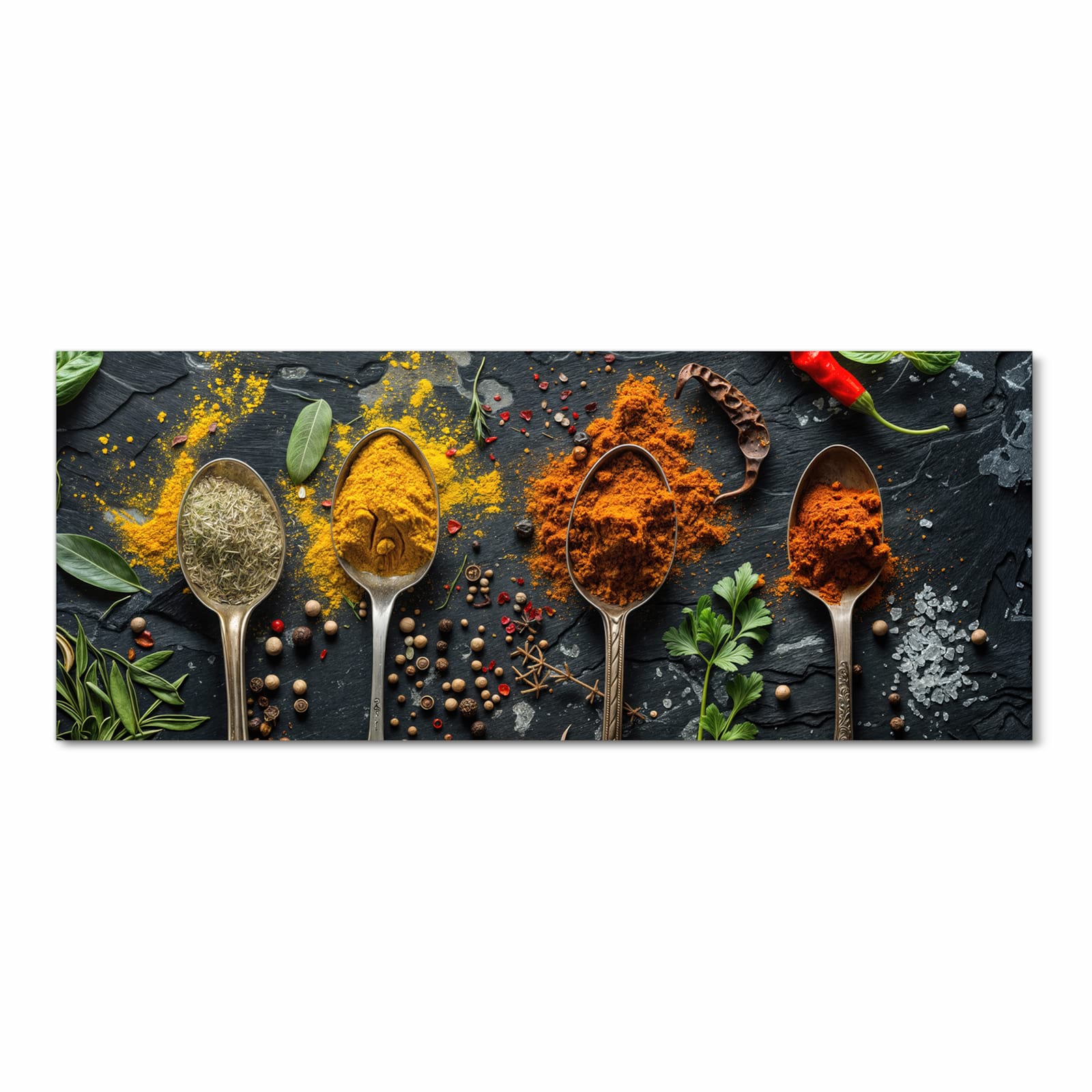 Geruchsneutraler waschbarer Küchenteppich mit Motiv Gewürze Löffel Mix in Frontansicht